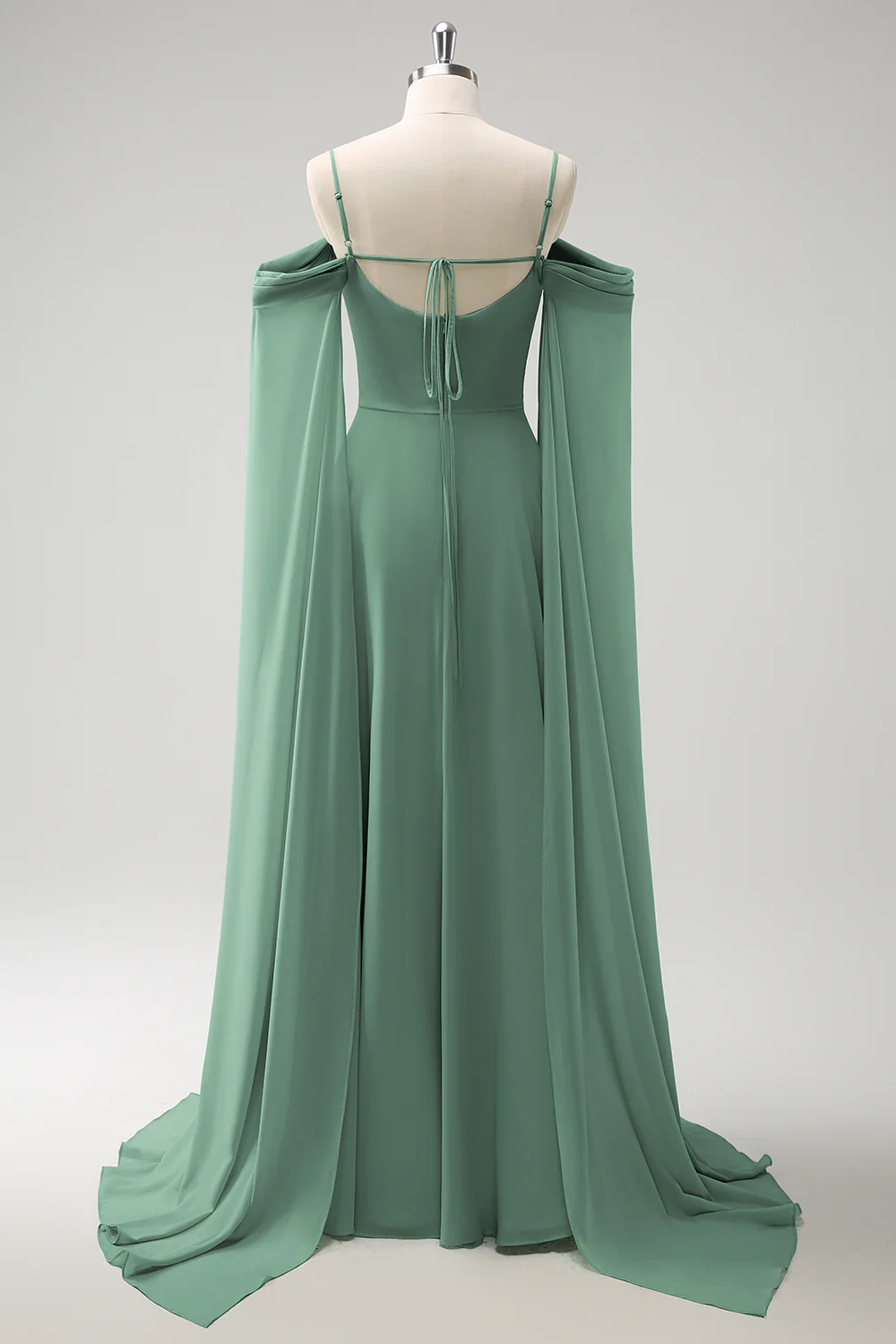 Light Green Cold Shoulder Detachable Sleeves A-Line Chiffon Long Bridesmaid Dress - Image 22
