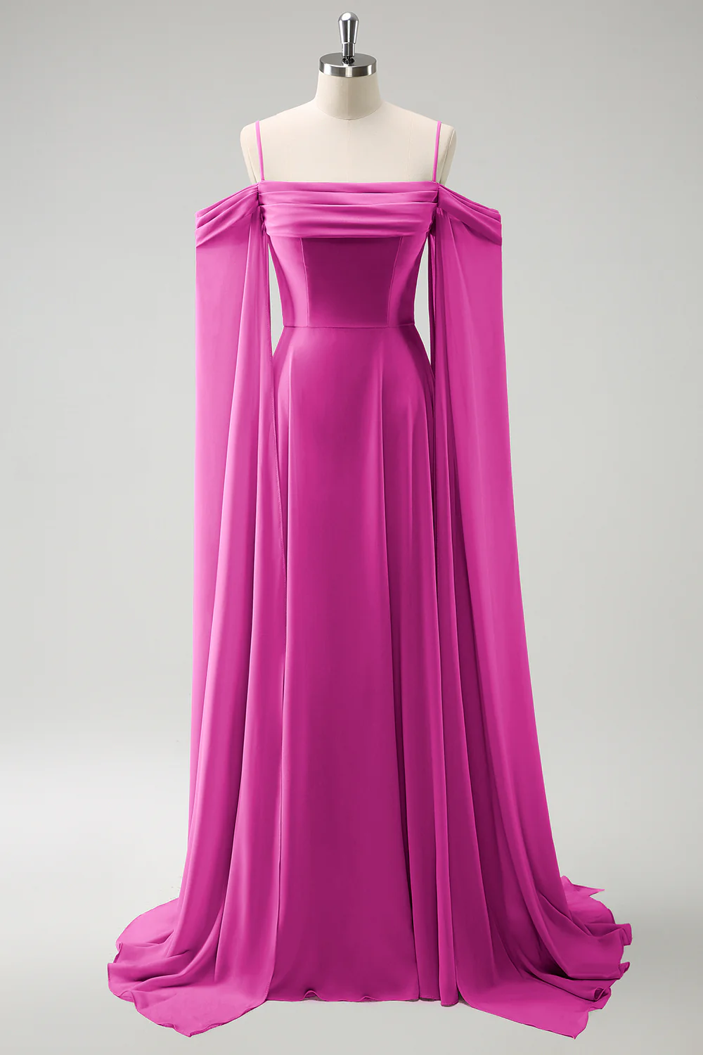Light Green Cold Shoulder Detachable Sleeves A-Line Chiffon Long Bridesmaid Dress - Image 23