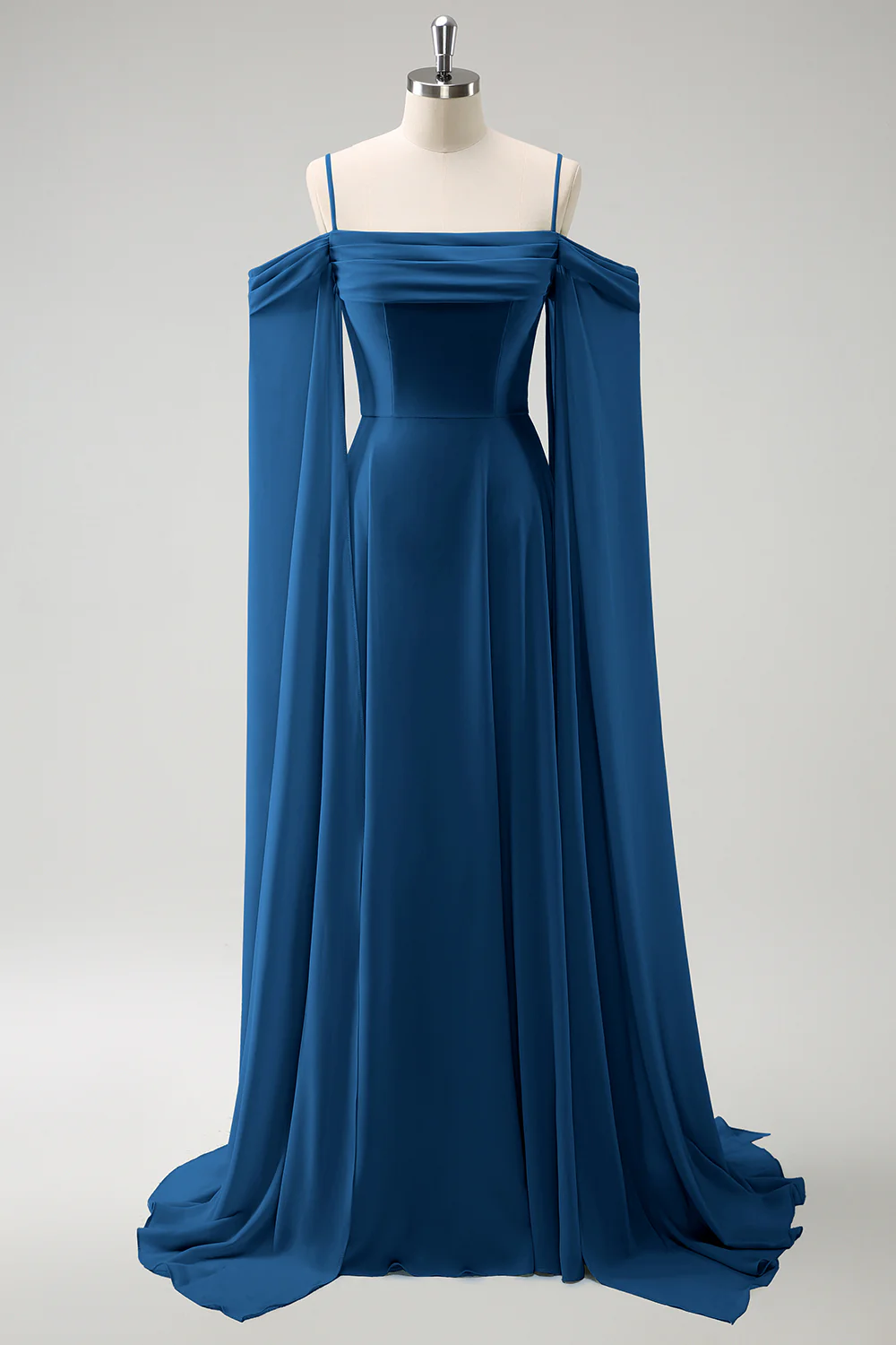 Light Green Cold Shoulder Detachable Sleeves A-Line Chiffon Long Bridesmaid Dress - Image 25
