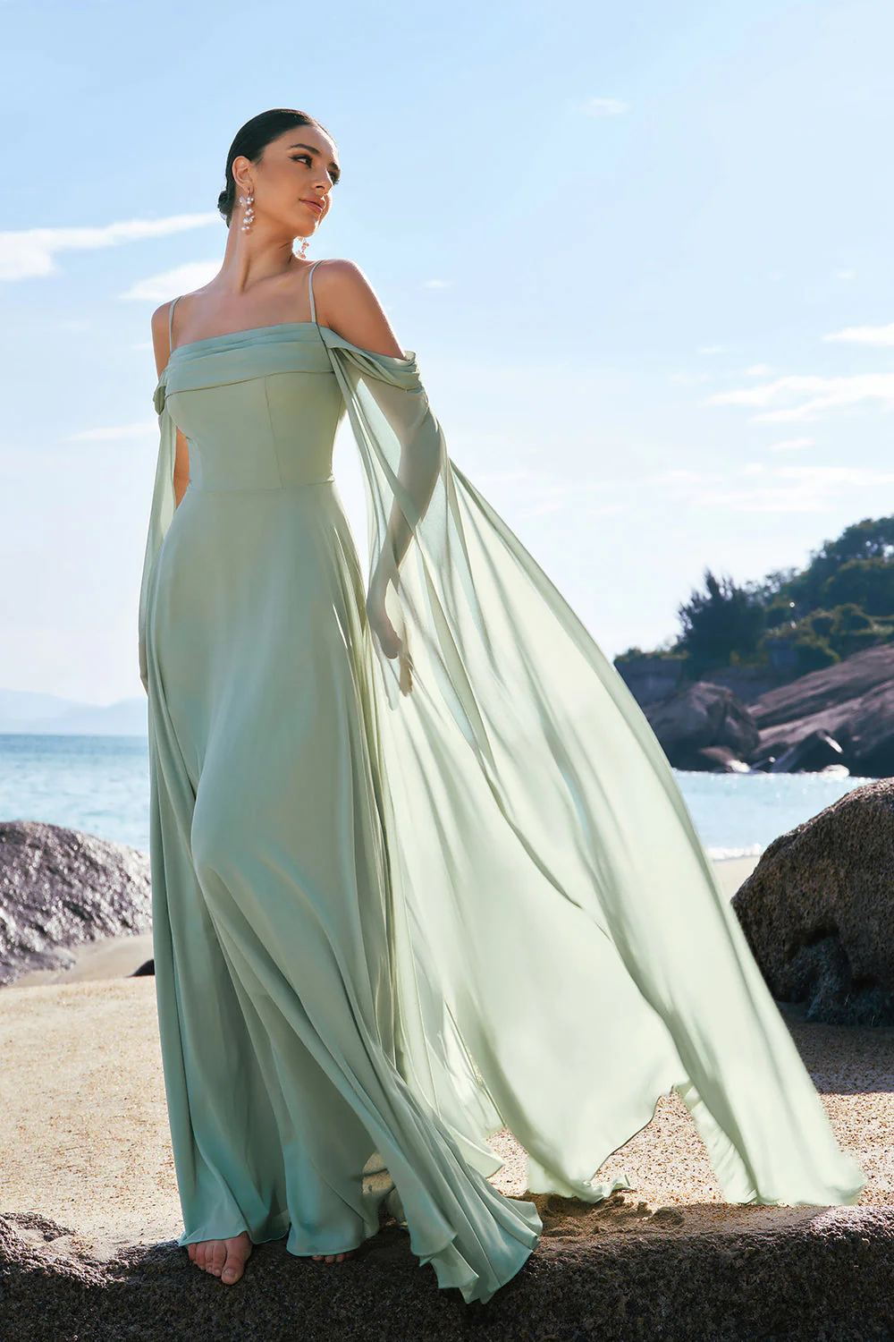 Light Green Cold Shoulder Detachable Sleeves A-Line Chiffon Long Bridesmaid Dress - Image 3