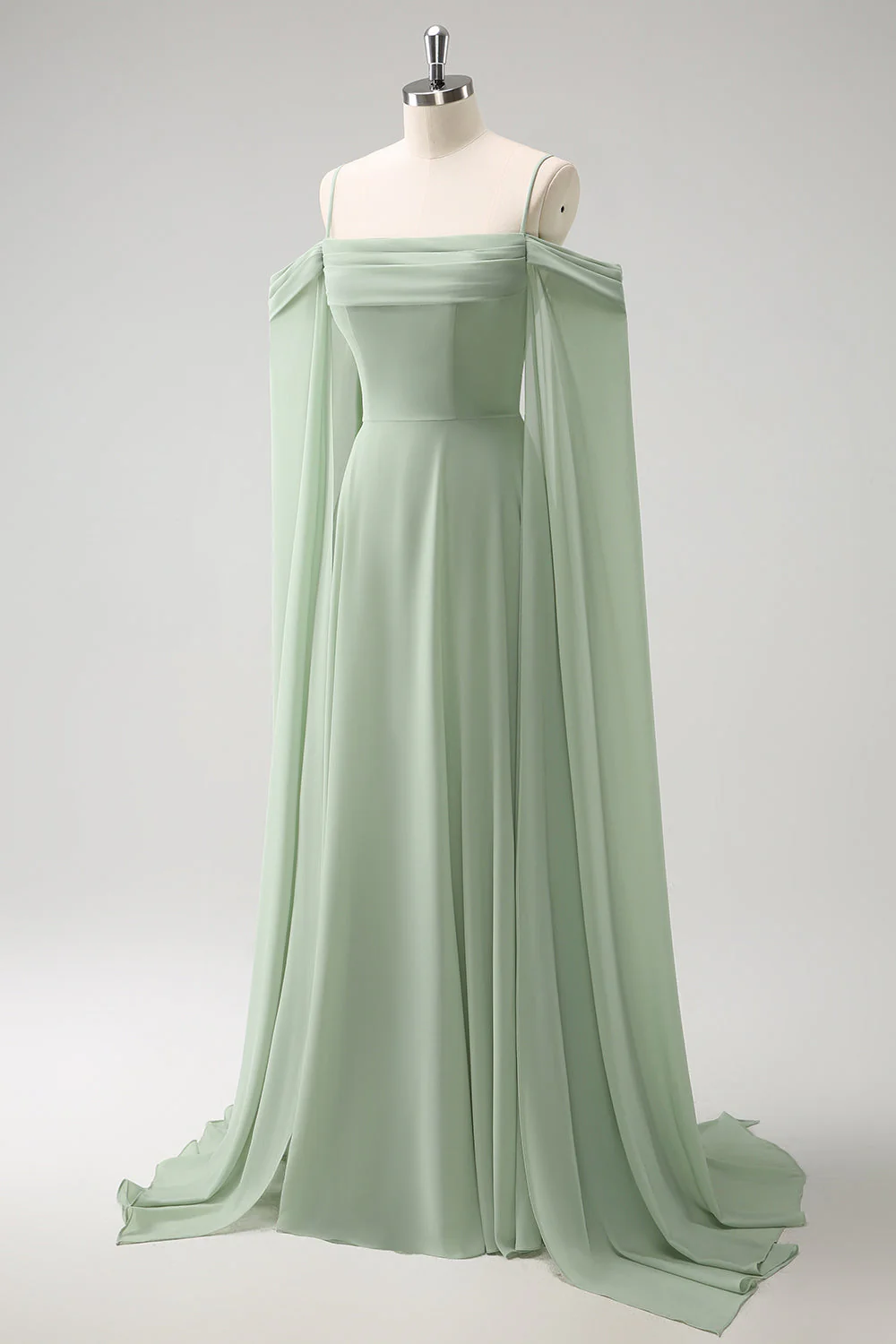 Light Green Cold Shoulder Detachable Sleeves A-Line Chiffon Long Bridesmaid Dress - Image 4