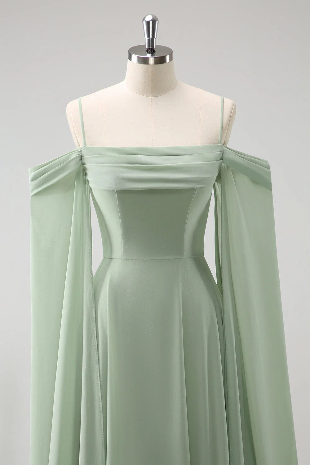 Light Green Cold Shoulder Detachable Sleeves A-Line Chiffon Long Bridesmaid Dress - Image 5