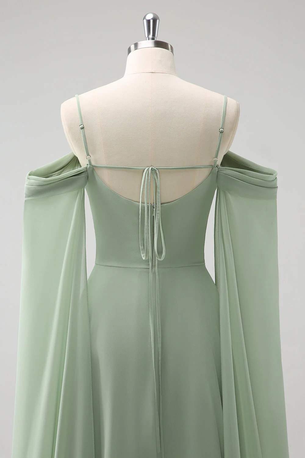 Light Green Cold Shoulder Detachable Sleeves A-Line Chiffon Long Bridesmaid Dress - Image 6