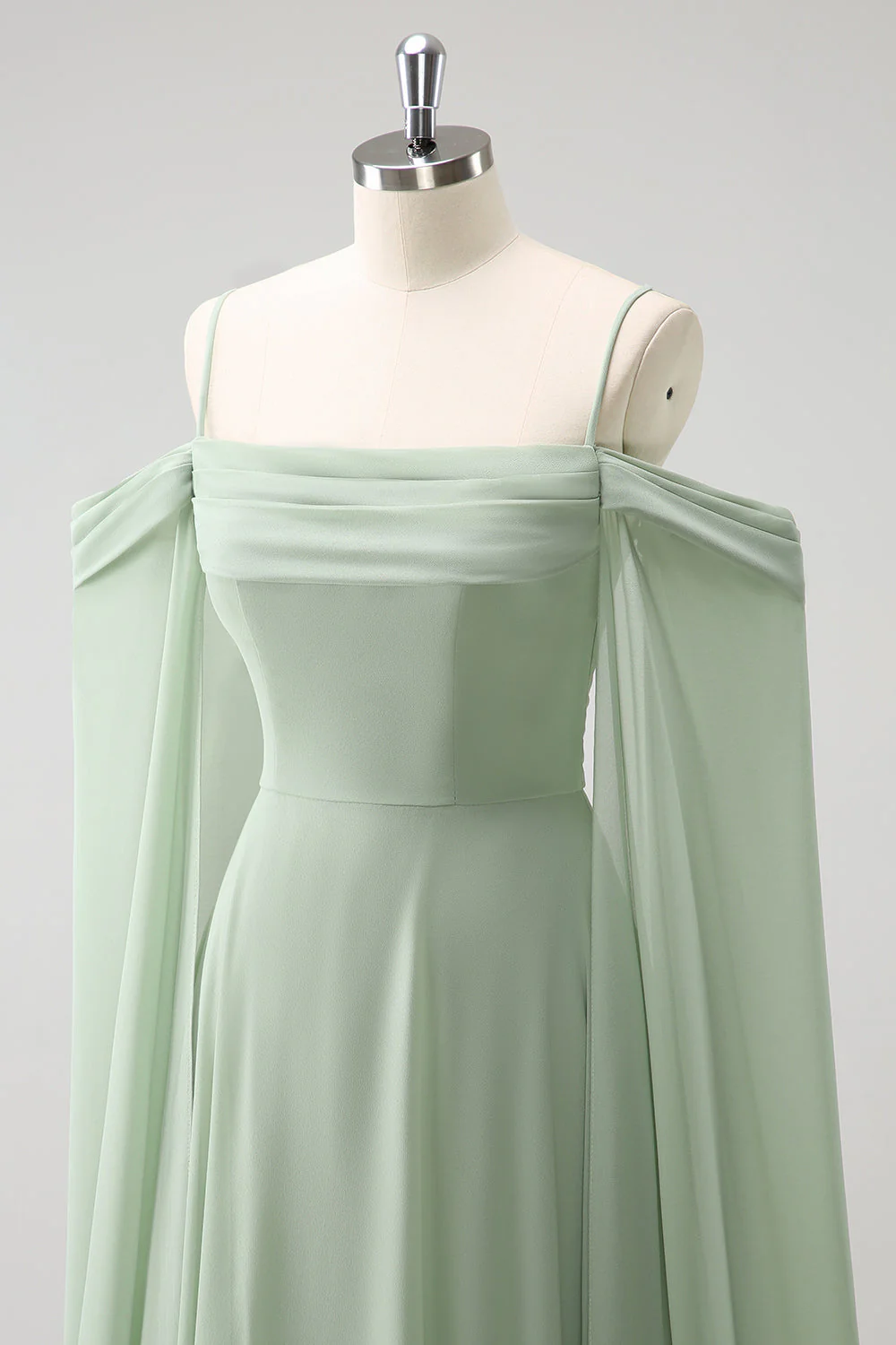 Light Green Cold Shoulder Detachable Sleeves A-Line Chiffon Long Bridesmaid Dress - Image 7