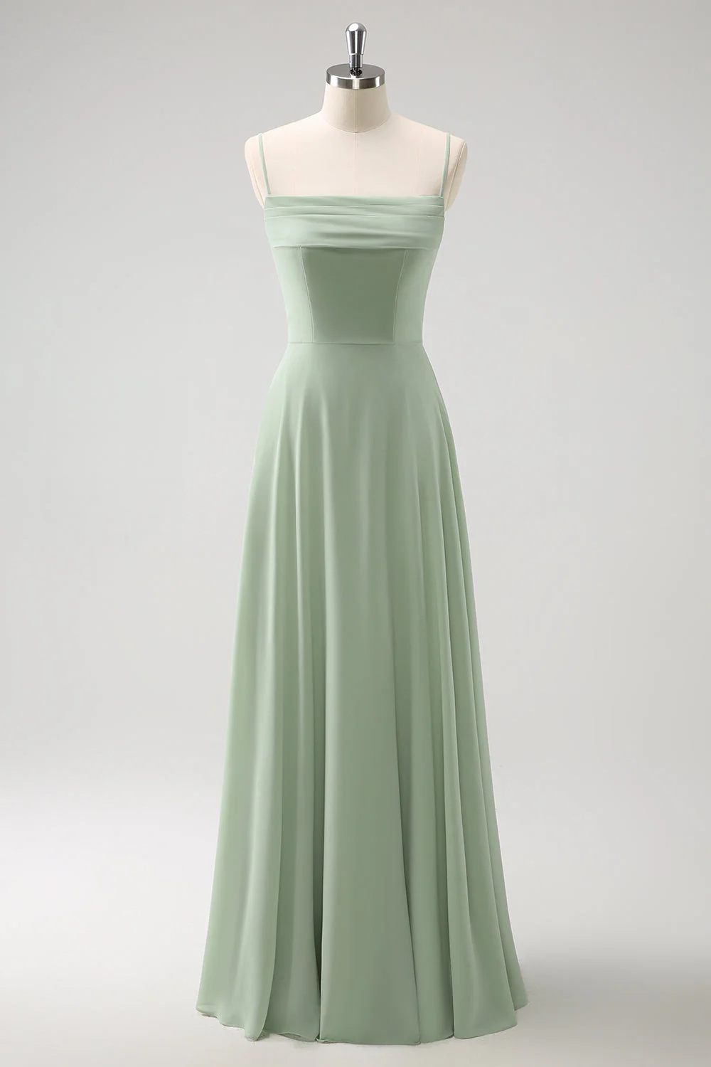 Light Green Cold Shoulder Detachable Sleeves A-Line Chiffon Long Bridesmaid Dress - Image 8