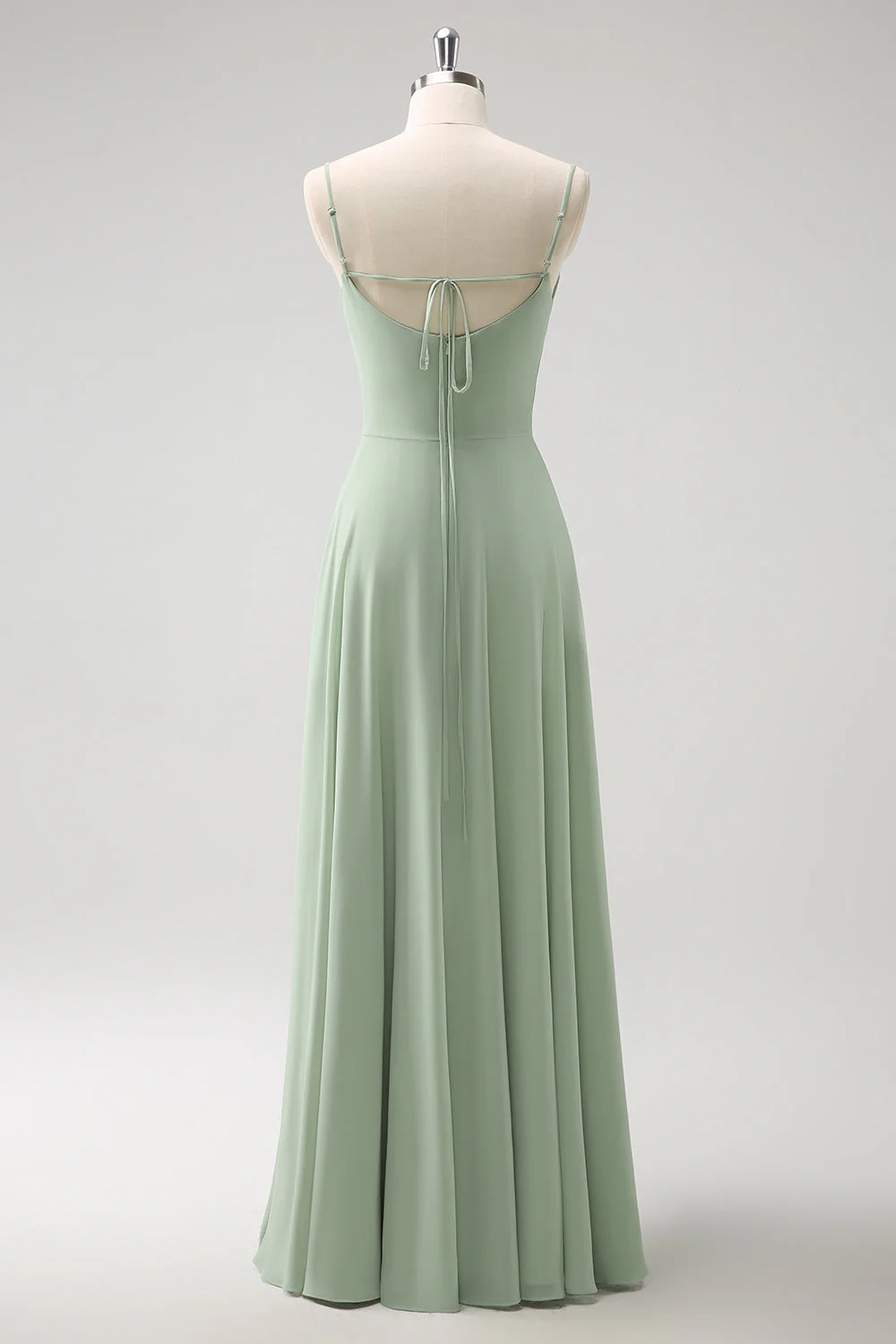 Light Green Cold Shoulder Detachable Sleeves A-Line Chiffon Long Bridesmaid Dress - Image 9