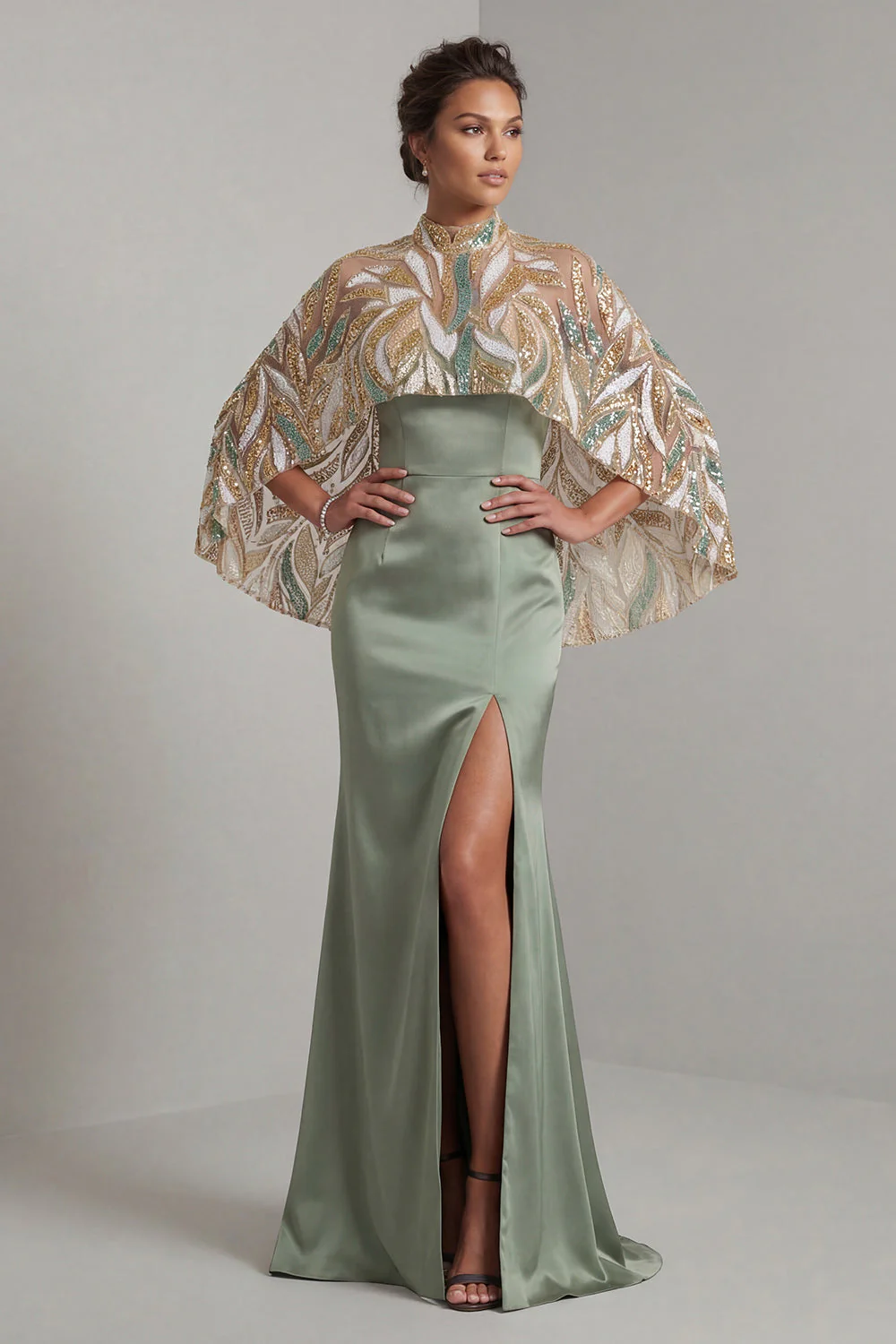 Light Green Mermaid Long Mother of the Bride Dress with Detachable Cape