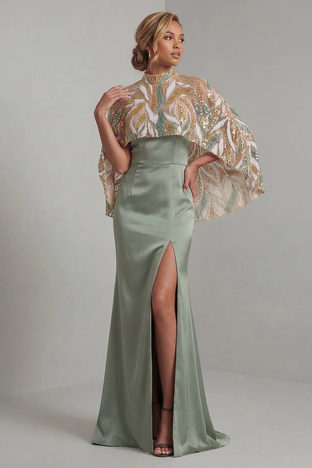 Light Green Mermaid Long Mother of the Bride Dress with Detachable Cape - Image 3