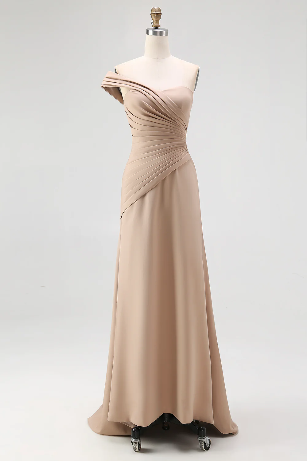 Light Khaki Jersey Sheath One Shoulder Pleated Gala Dress - Image 3