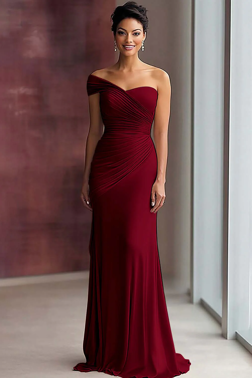 Light Khaki Jersey Sheath One Shoulder Pleated Gala Dress - Image 7