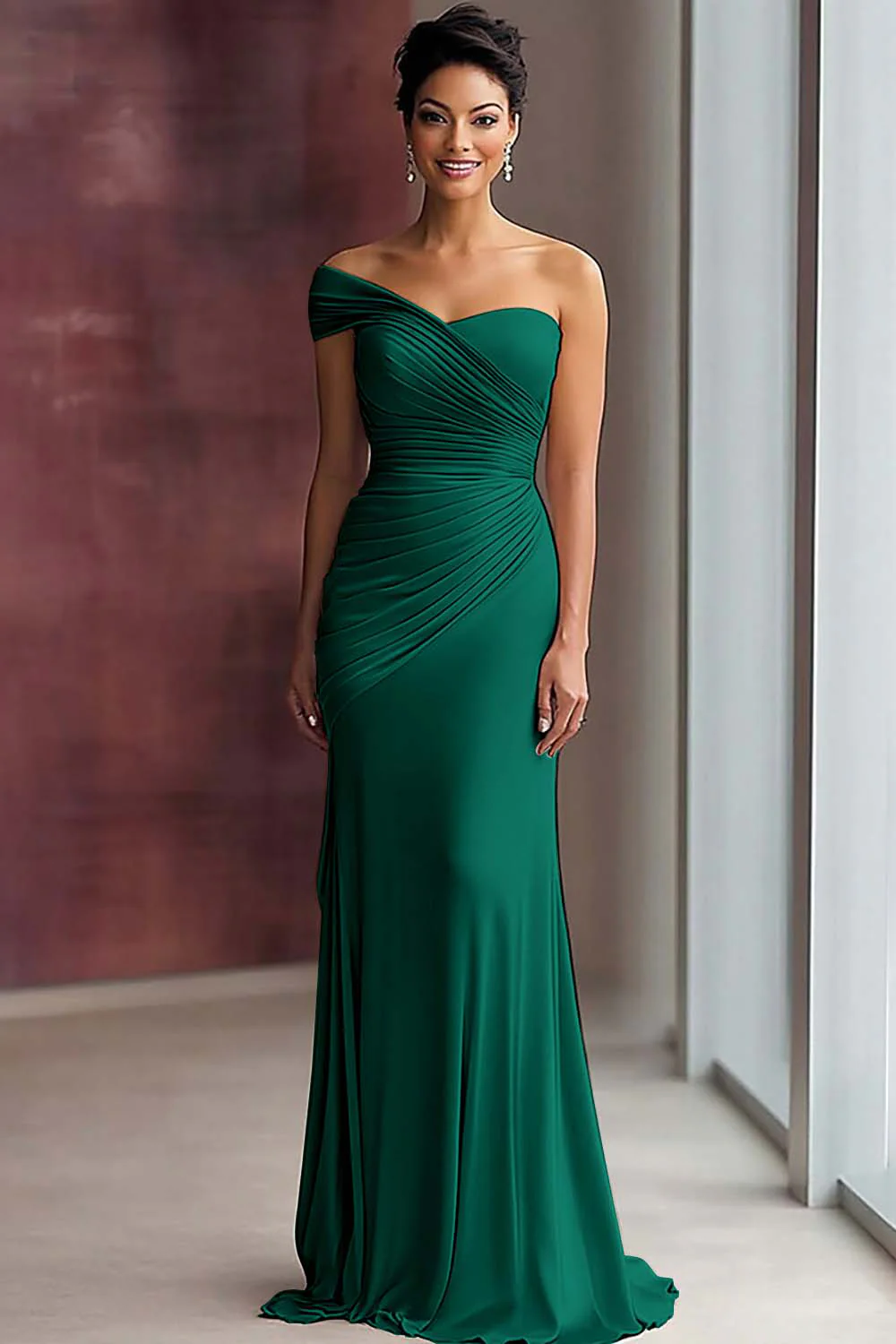 Light Khaki Jersey Sheath One Shoulder Pleated Gala Dress - Image 8