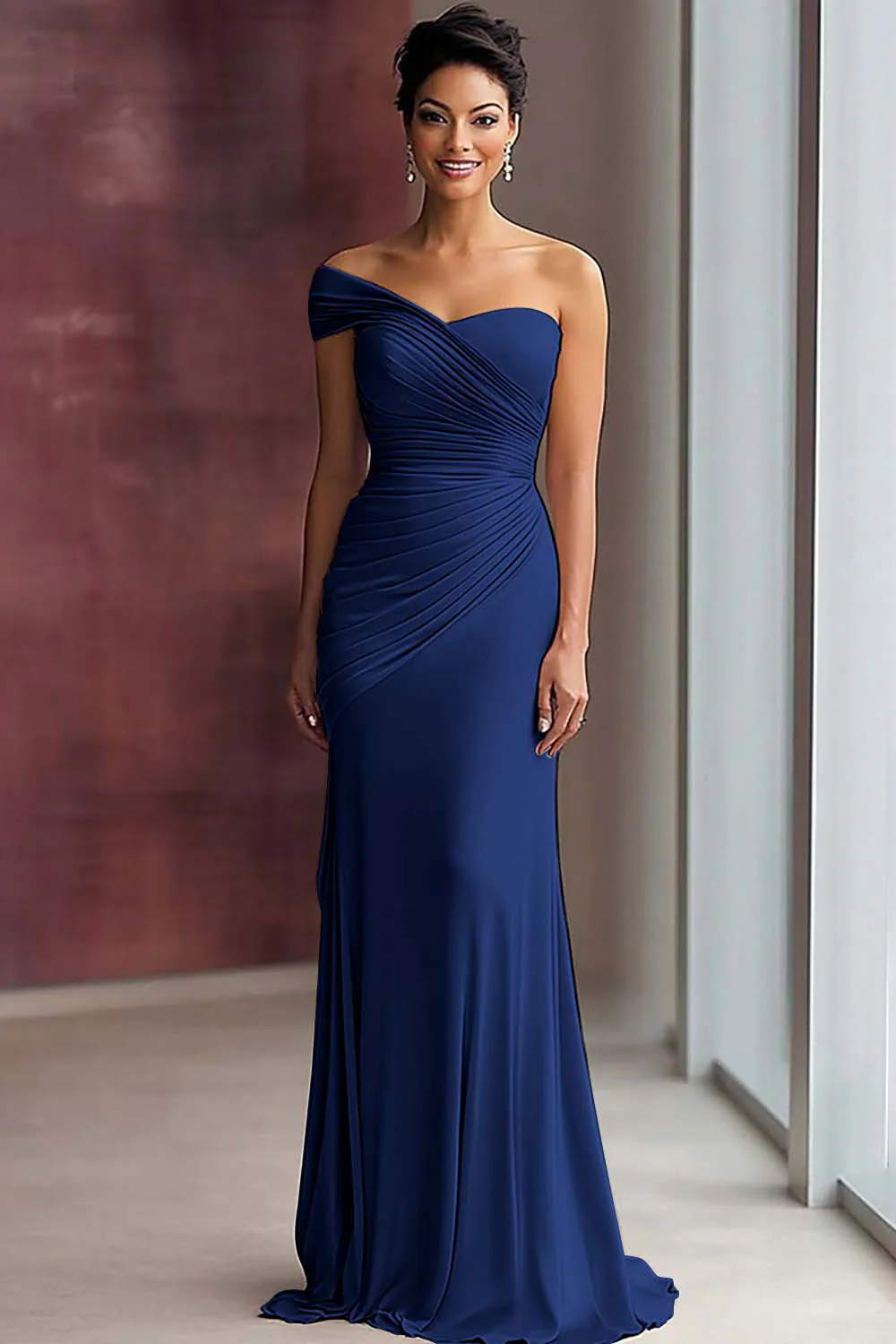 Light Khaki Jersey Sheath One Shoulder Pleated Gala Dress - Image 9