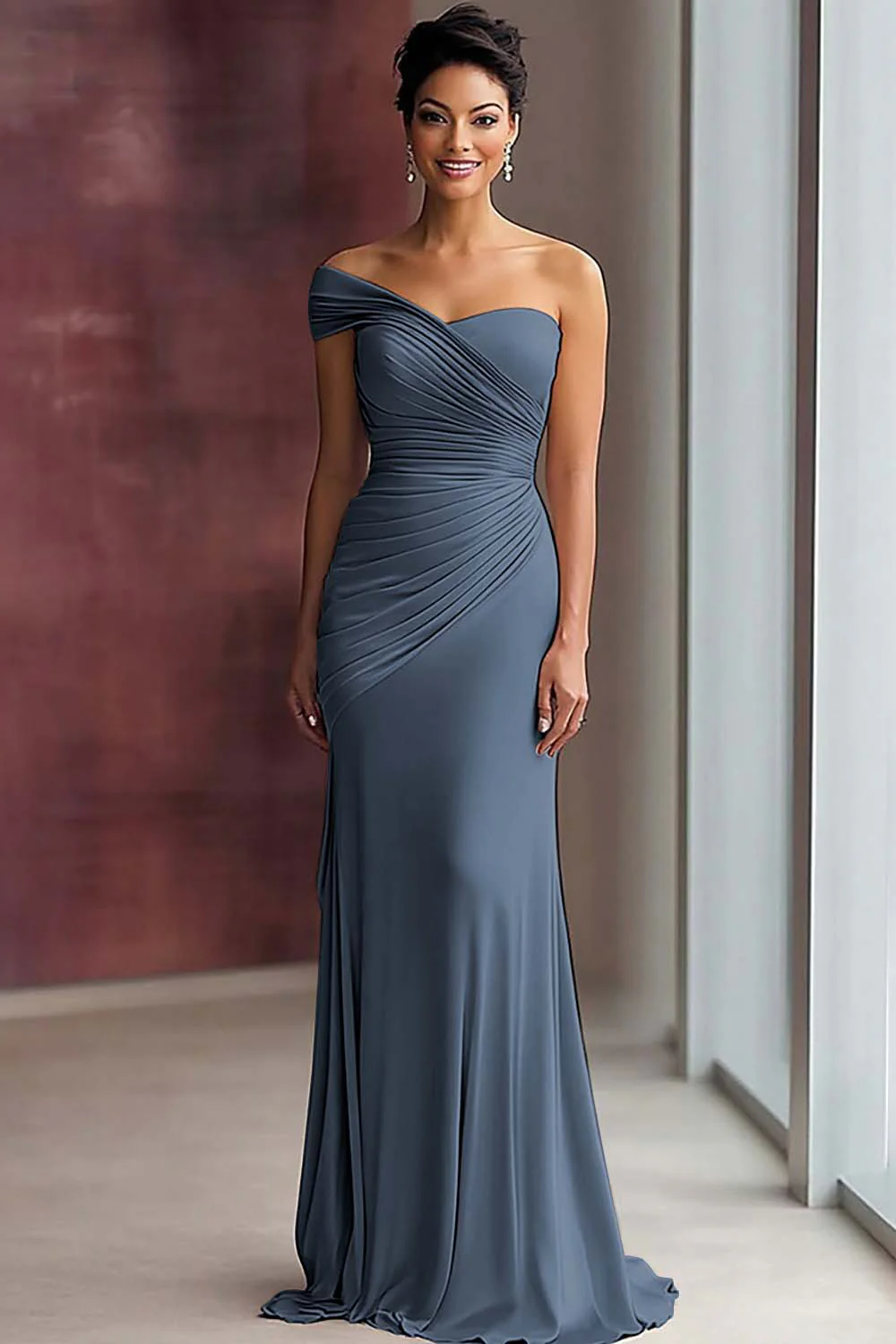 Light Khaki Jersey Sheath One Shoulder Pleated Gala Dress - Image 10