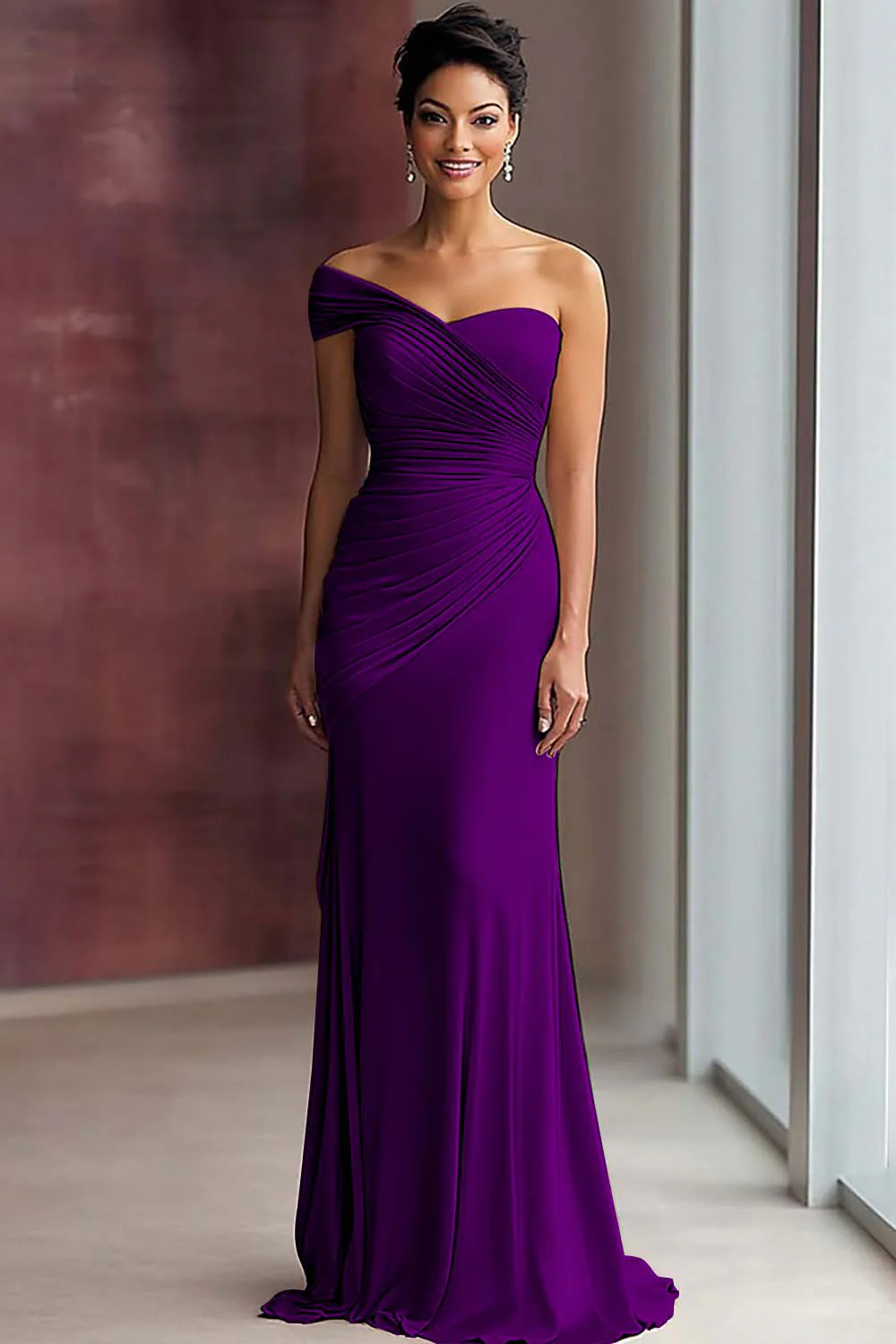 Light Khaki Jersey Sheath One Shoulder Pleated Gala Dress - Image 12