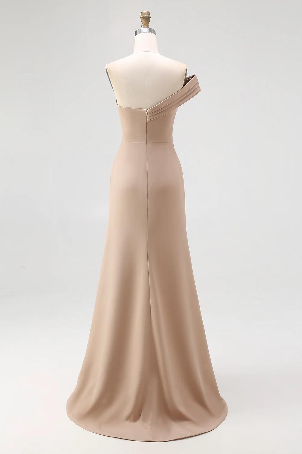 Light Khaki Jersey Sheath One Shoulder Pleated Gala Dress - Image 4