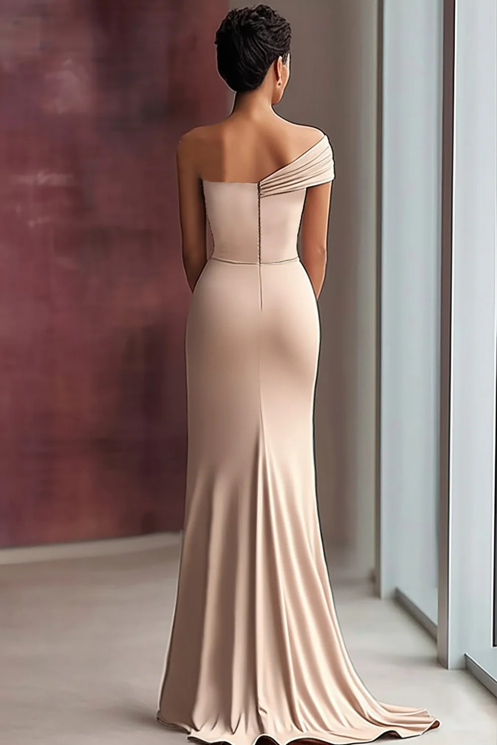 Light Khaki Jersey Sheath One Shoulder Pleated Gala Dress - Image 2