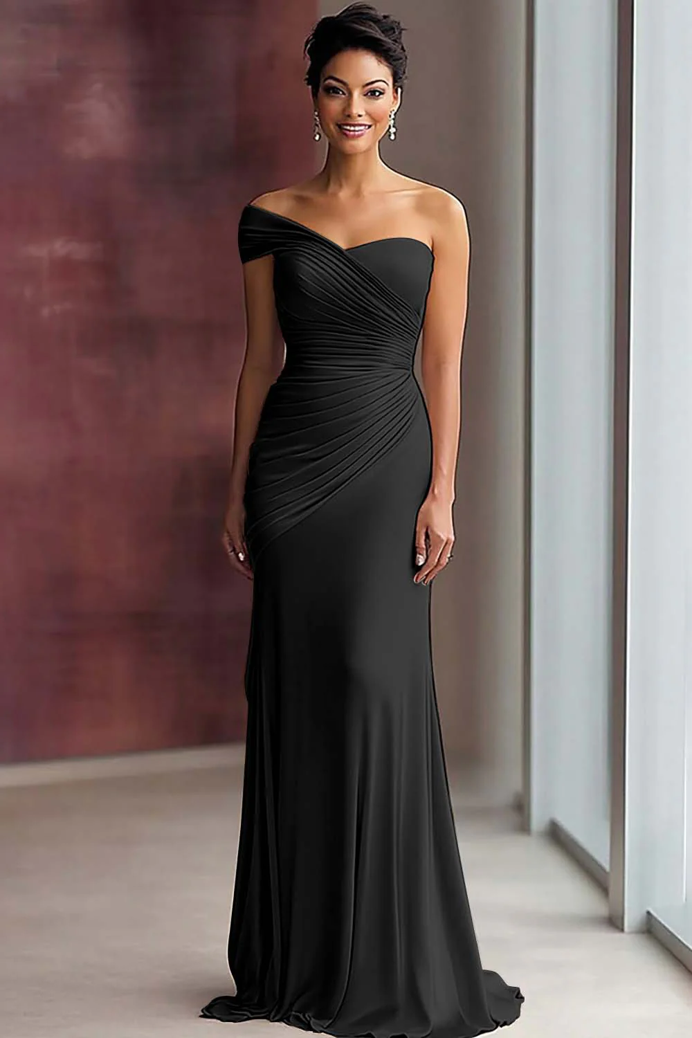 Light Khaki Jersey Sheath One Shoulder Pleated Gala Dress - Image 6