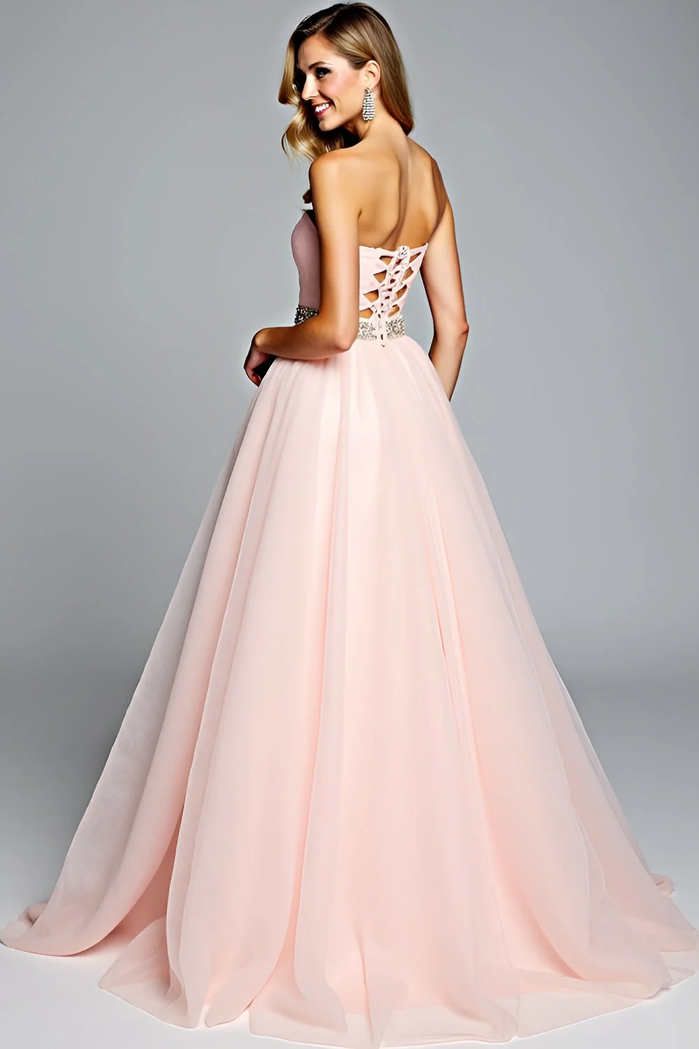 Light Pink Strapless A Line Tulle Prom Dress with Beading - Image 2