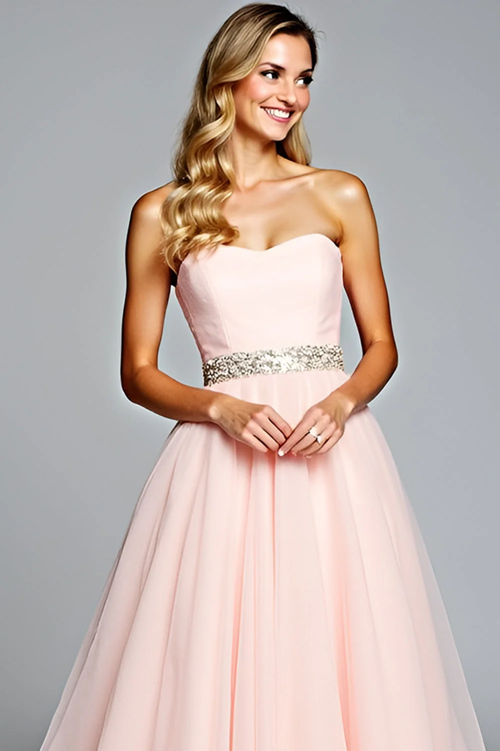 Light Pink Strapless A Line Tulle Prom Dress with Beading - Image 3