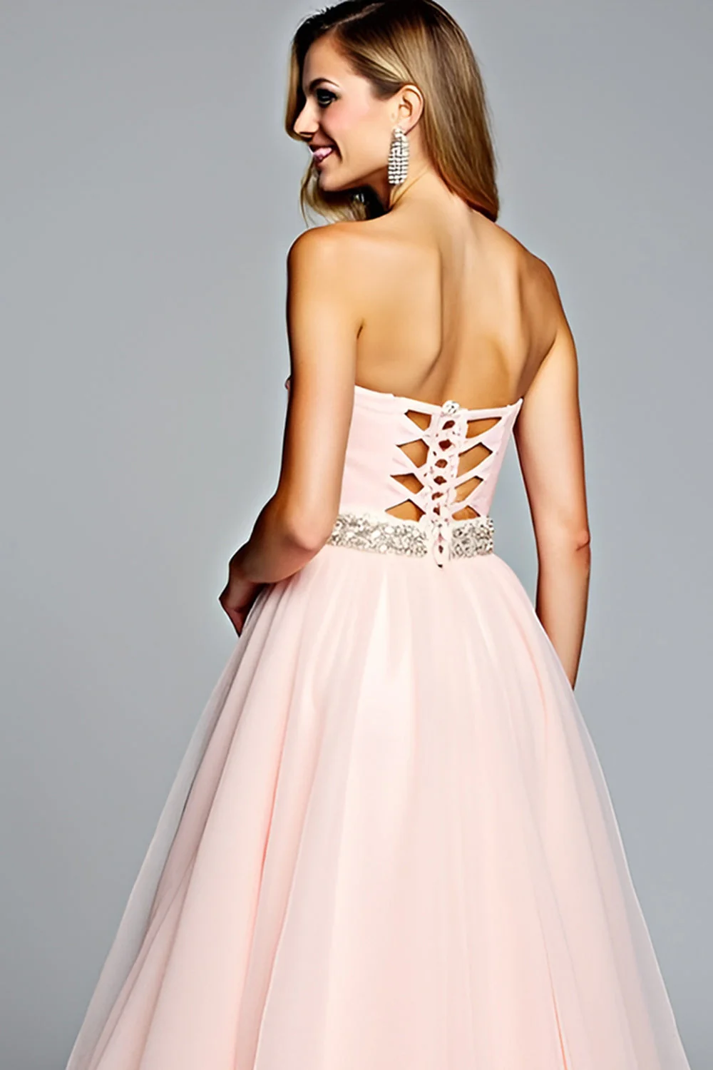 Light Pink Strapless A Line Tulle Prom Dress with Beading - Image 4