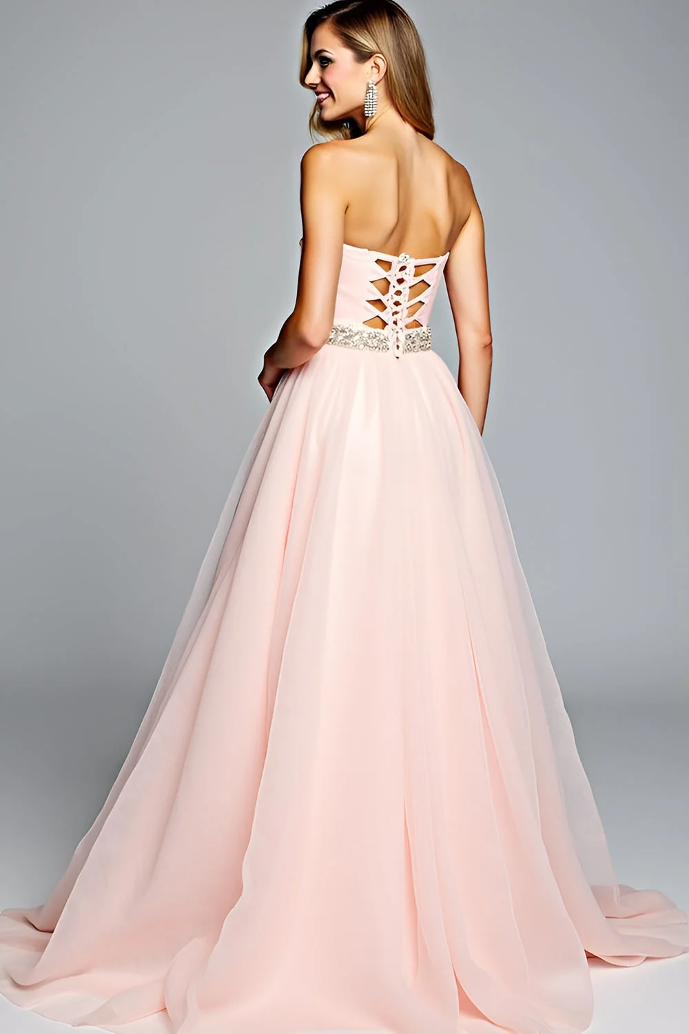Light Pink Strapless A Line Tulle Prom Dress with Beading - Image 5