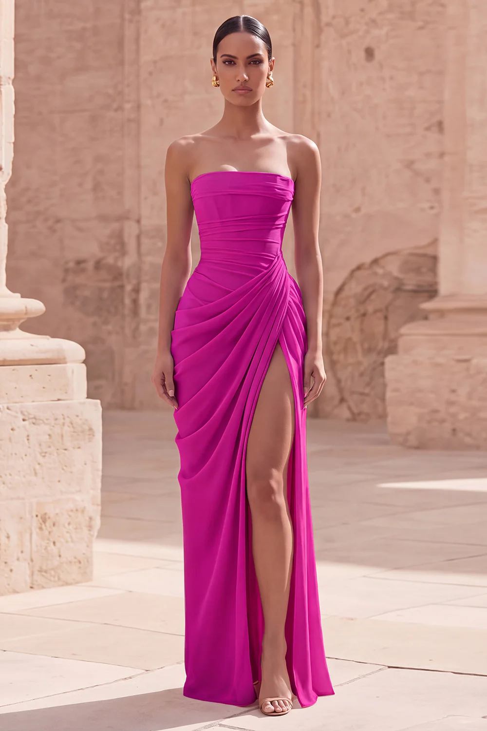 Strapless Light Pink Sheath Ruched Long Prom Dress with Slit - Image 11