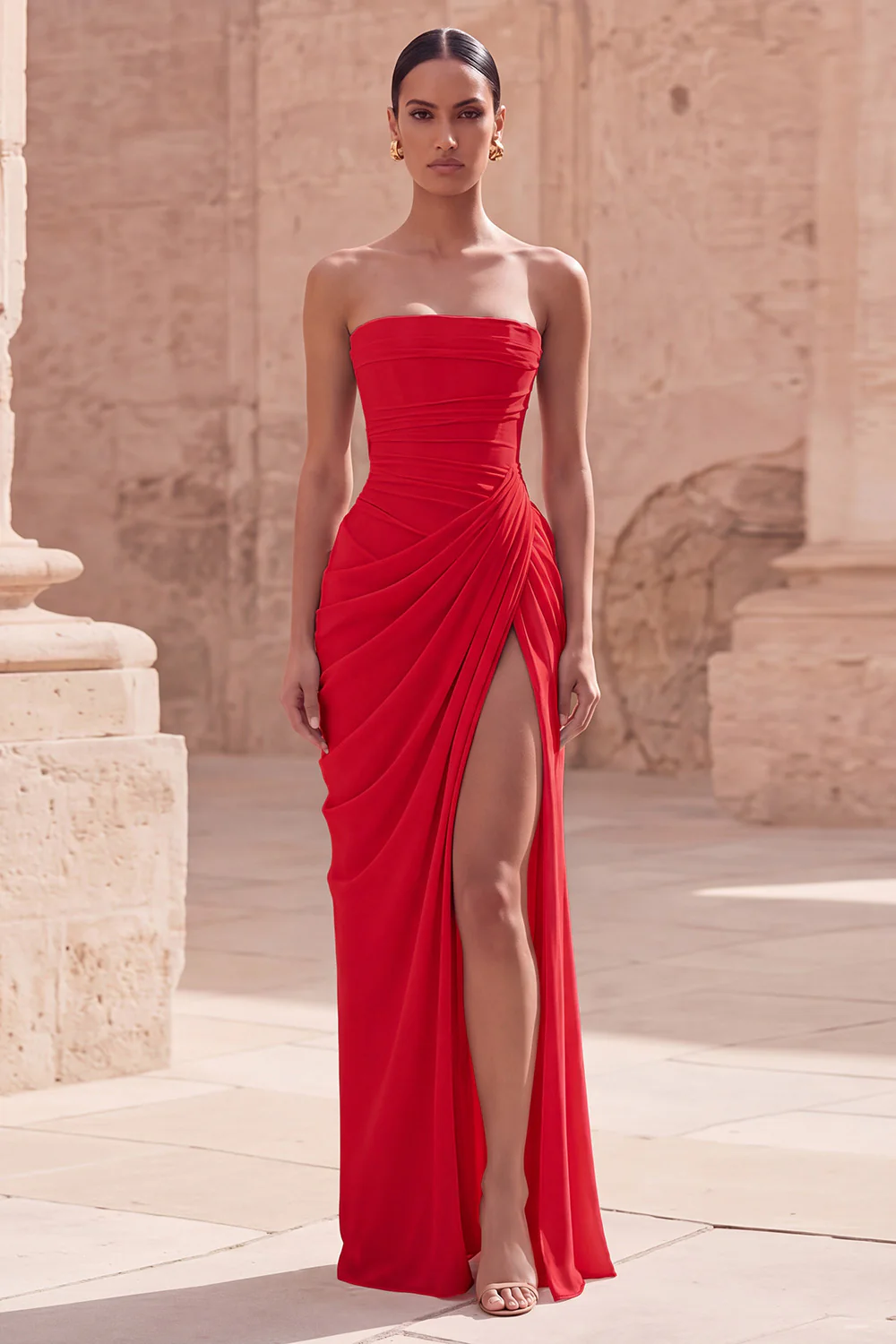 Strapless Light Pink Sheath Ruched Long Prom Dress with Slit - Image 13
