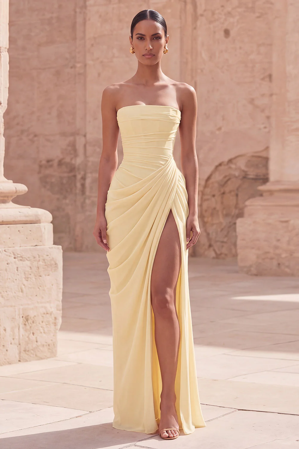 Strapless Light Pink Sheath Ruched Long Prom Dress with Slit - Image 14