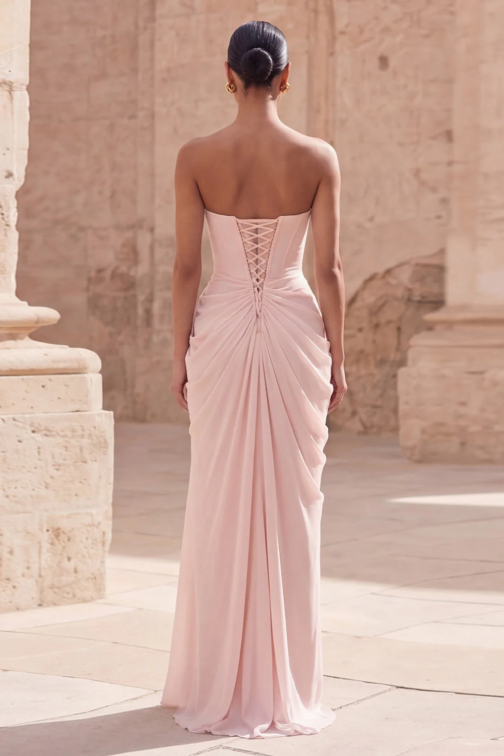 Strapless Light Pink Sheath Ruched Long Prom Dress with Slit - Image 2