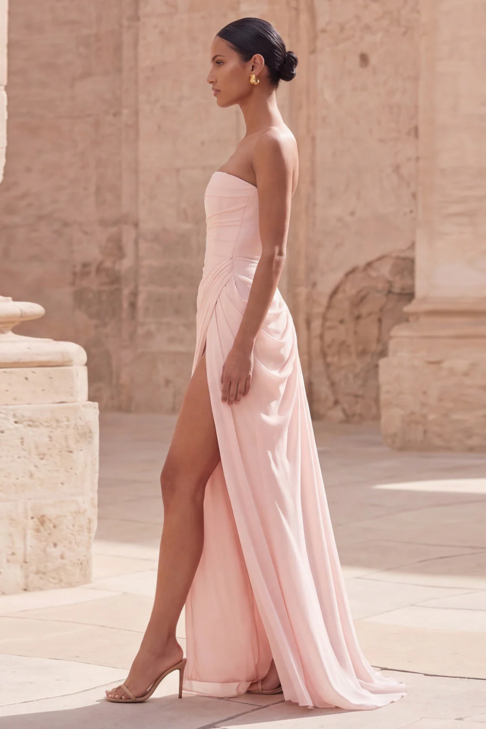 Strapless Light Pink Sheath Ruched Long Prom Dress with Slit - Image 3