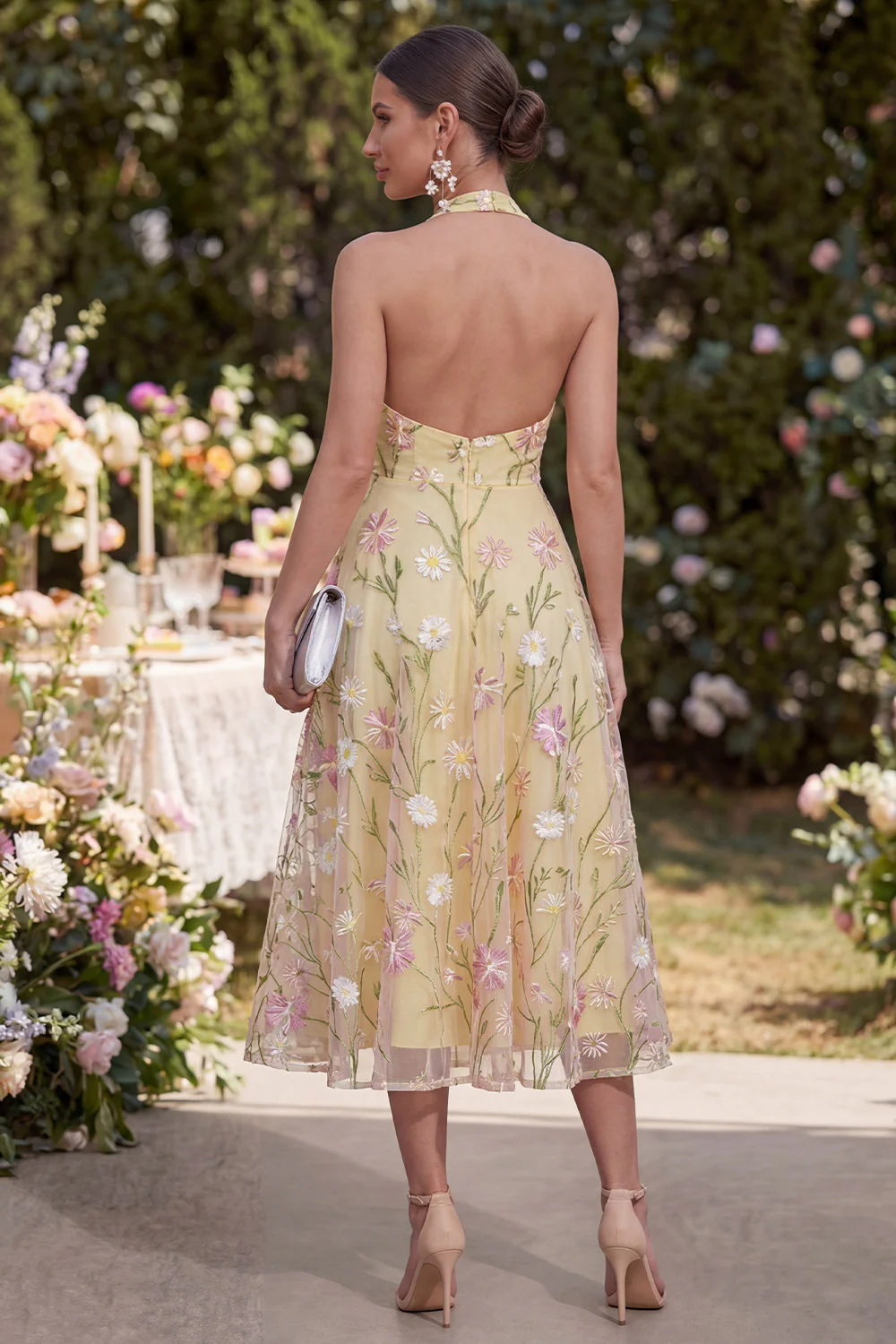 Light Yellow A-Line Halter Appliqued Midi Floral Dresses - Image 2