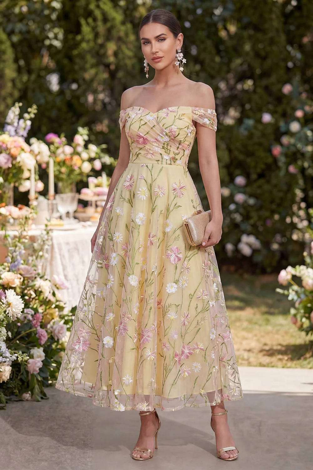 Light Yellow A Line Ruched Off the Shoulder Floral Maxi Dress