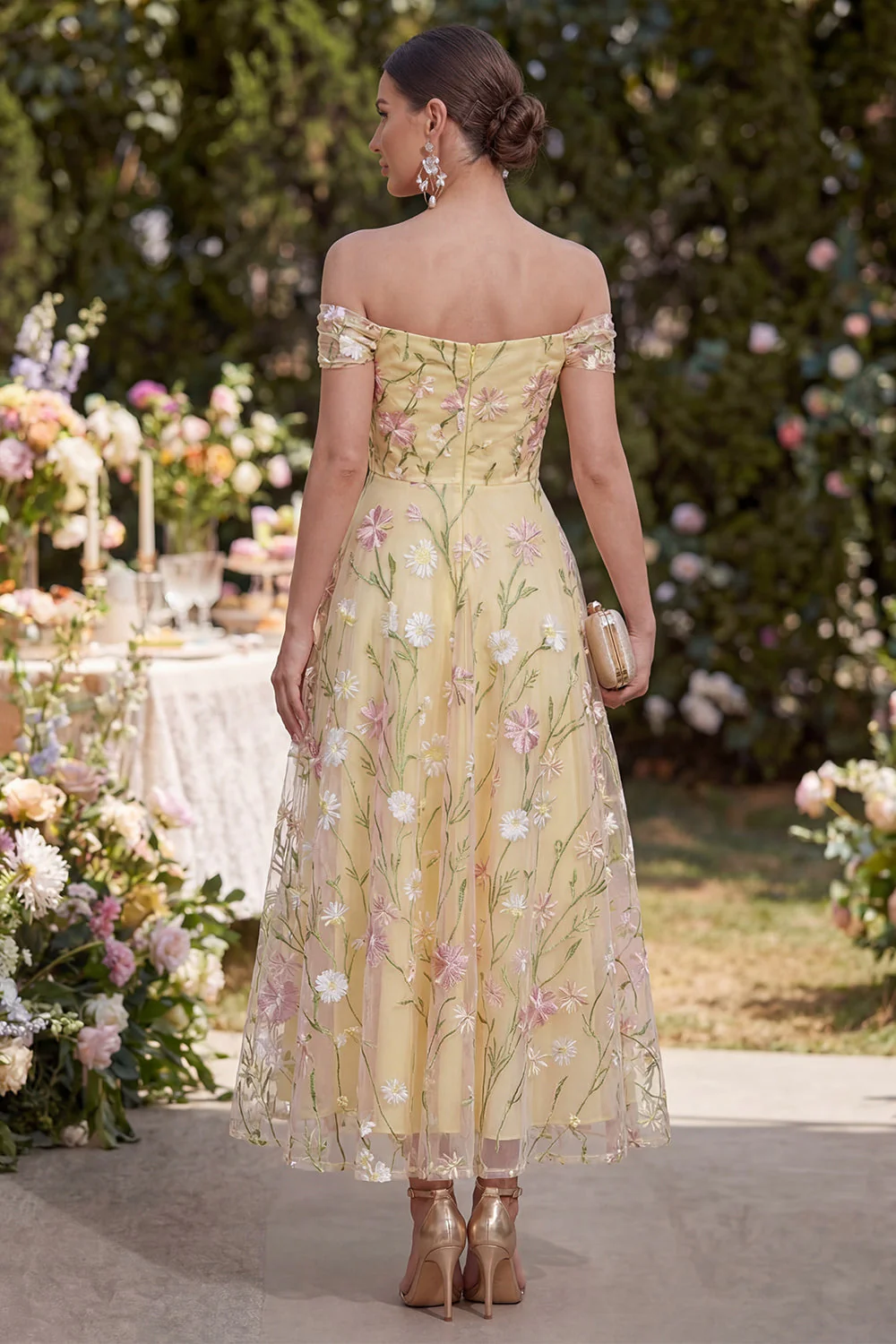 Light Yellow A Line Ruched Off the Shoulder Floral Maxi Dress - Image 2