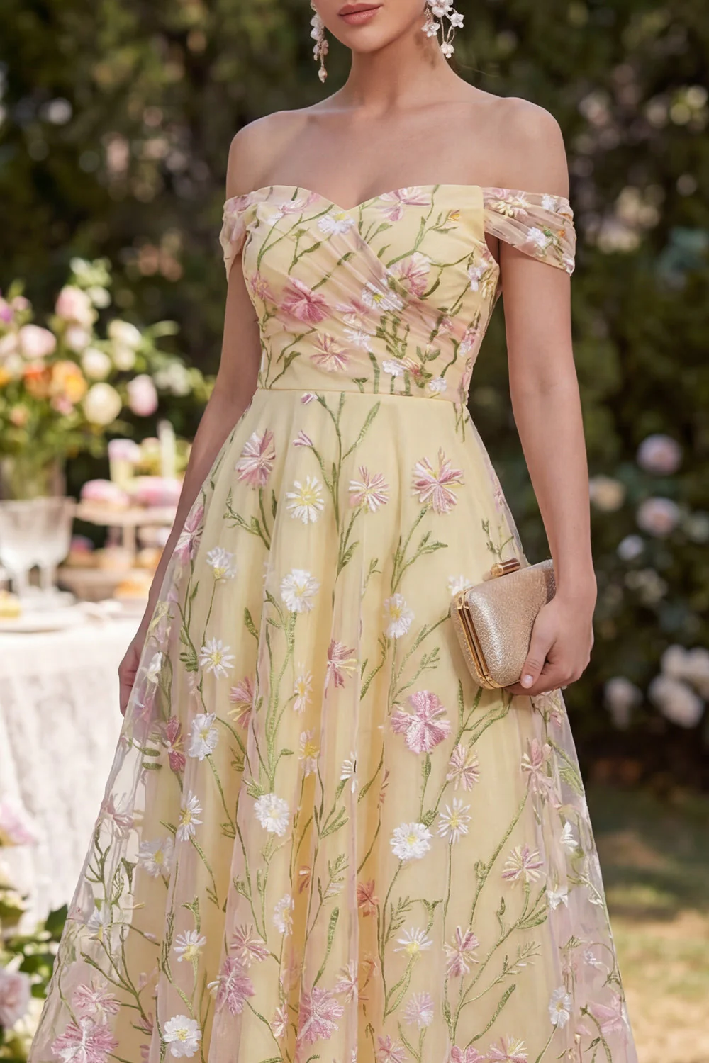 Light Yellow A Line Ruched Off the Shoulder Floral Maxi Dress - Image 3