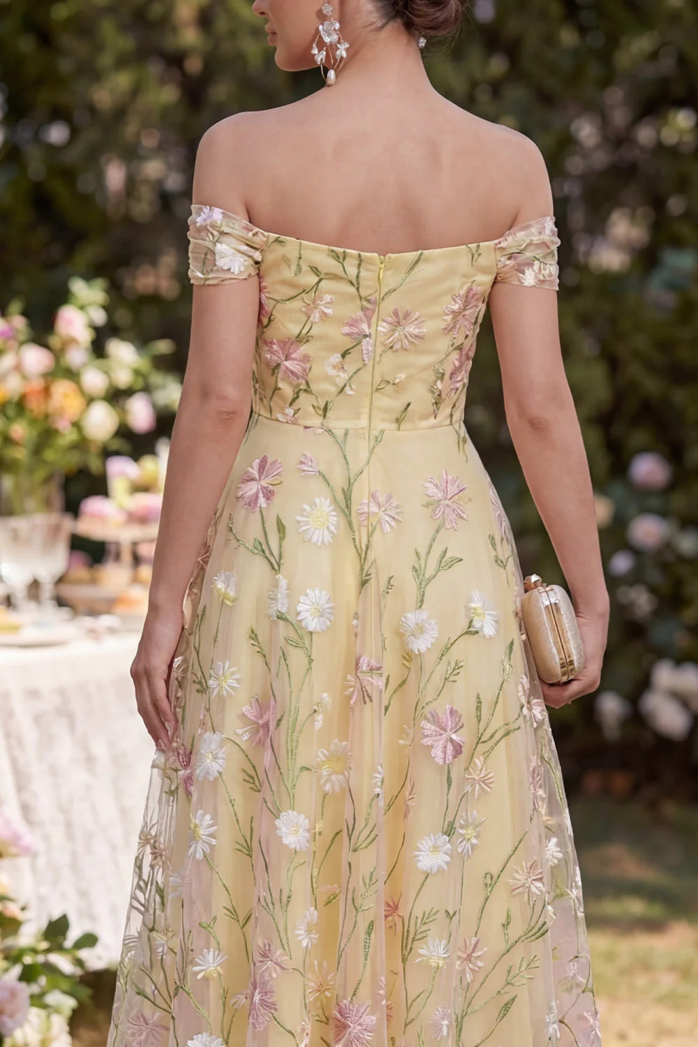 Light Yellow A Line Ruched Off the Shoulder Floral Maxi Dress - Image 4