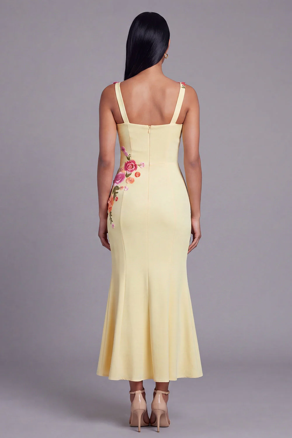 Light Yellow Mermaid Satin Long Floral Dress with Appliques - Image 2
