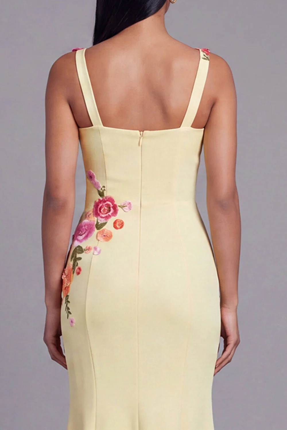 Light Yellow Mermaid Satin Long Floral Dress with Appliques - Image 4