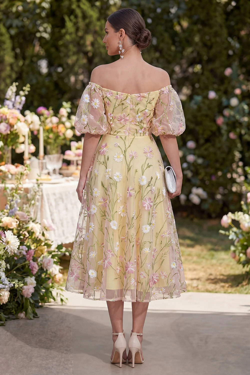 Light Yellow Puff Sleeves Floral Ruched A Line Midi Dress - Image 2