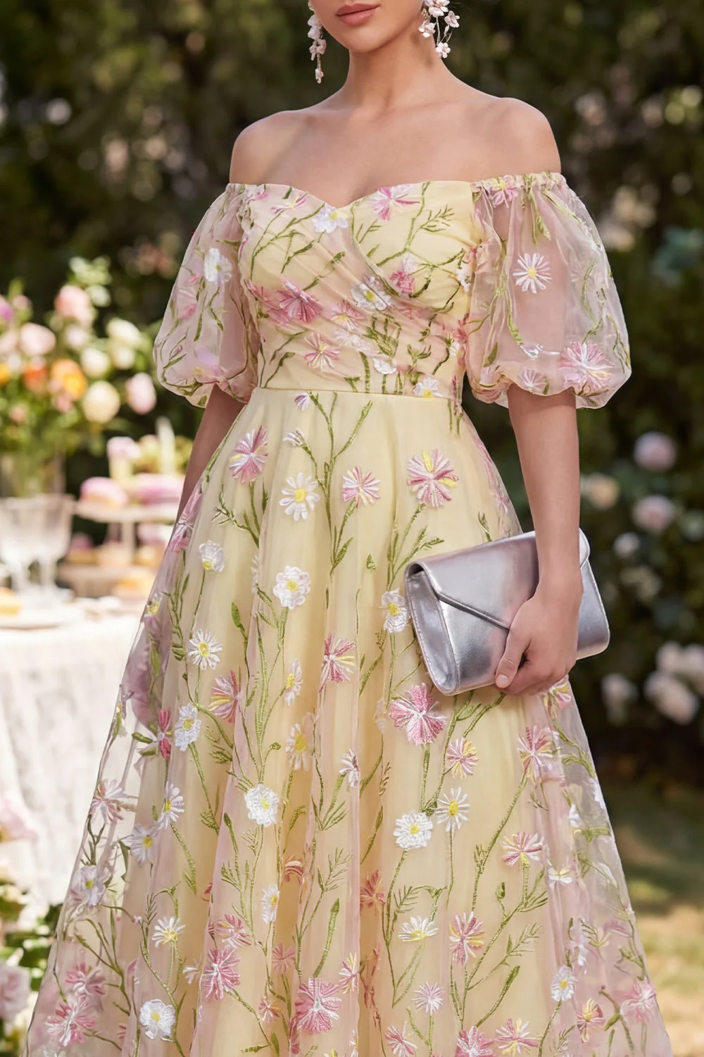 Light Yellow Puff Sleeves Floral Ruched A Line Midi Dress - Image 3
