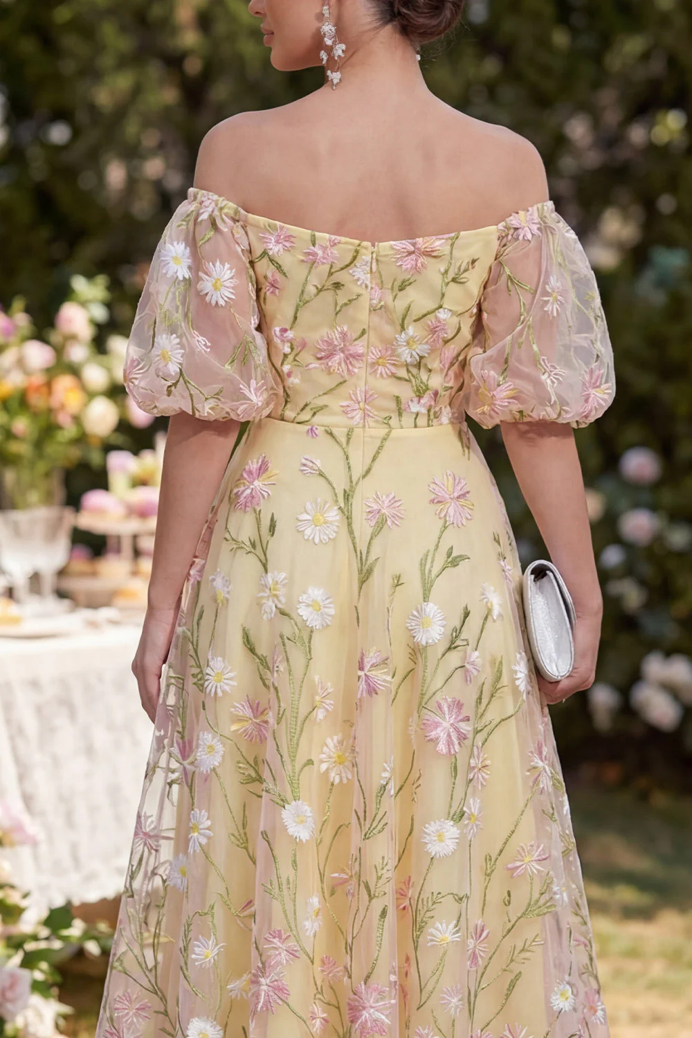Light Yellow Puff Sleeves Floral Ruched A Line Midi Dress - Image 4