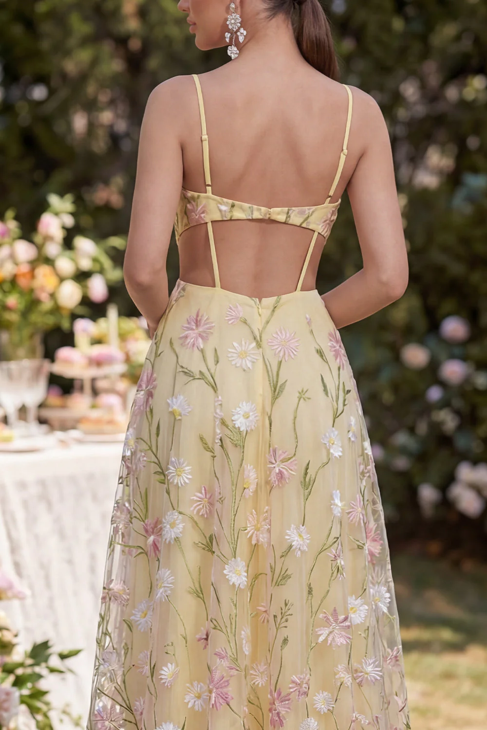 Light Yellow Spaghetti Straps A-Line Hollow Appliqued Maxi Floral with Slit - Image 4