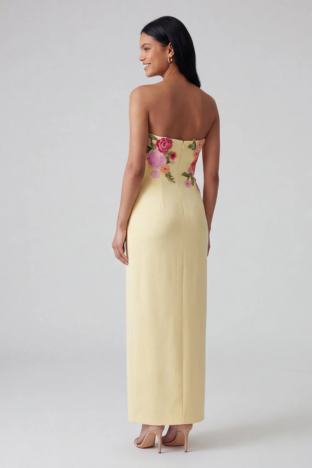 Light Yellow Strapless Sheath Long Floral Dress - Image 2
