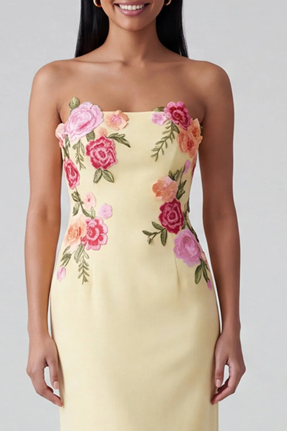 Light Yellow Strapless Sheath Long Floral Dress - Image 3
