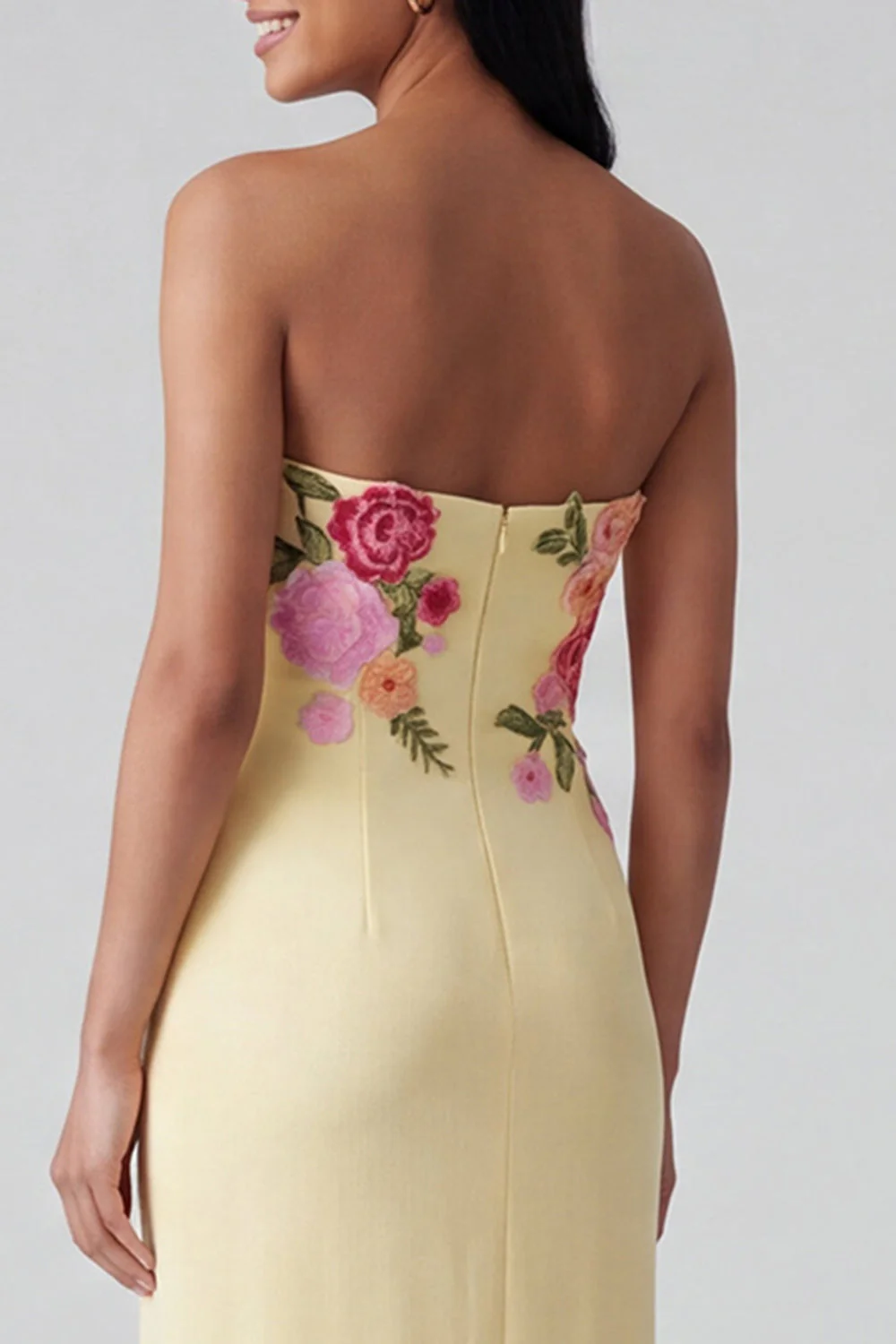 Light Yellow Strapless Sheath Long Floral Dress - Image 4