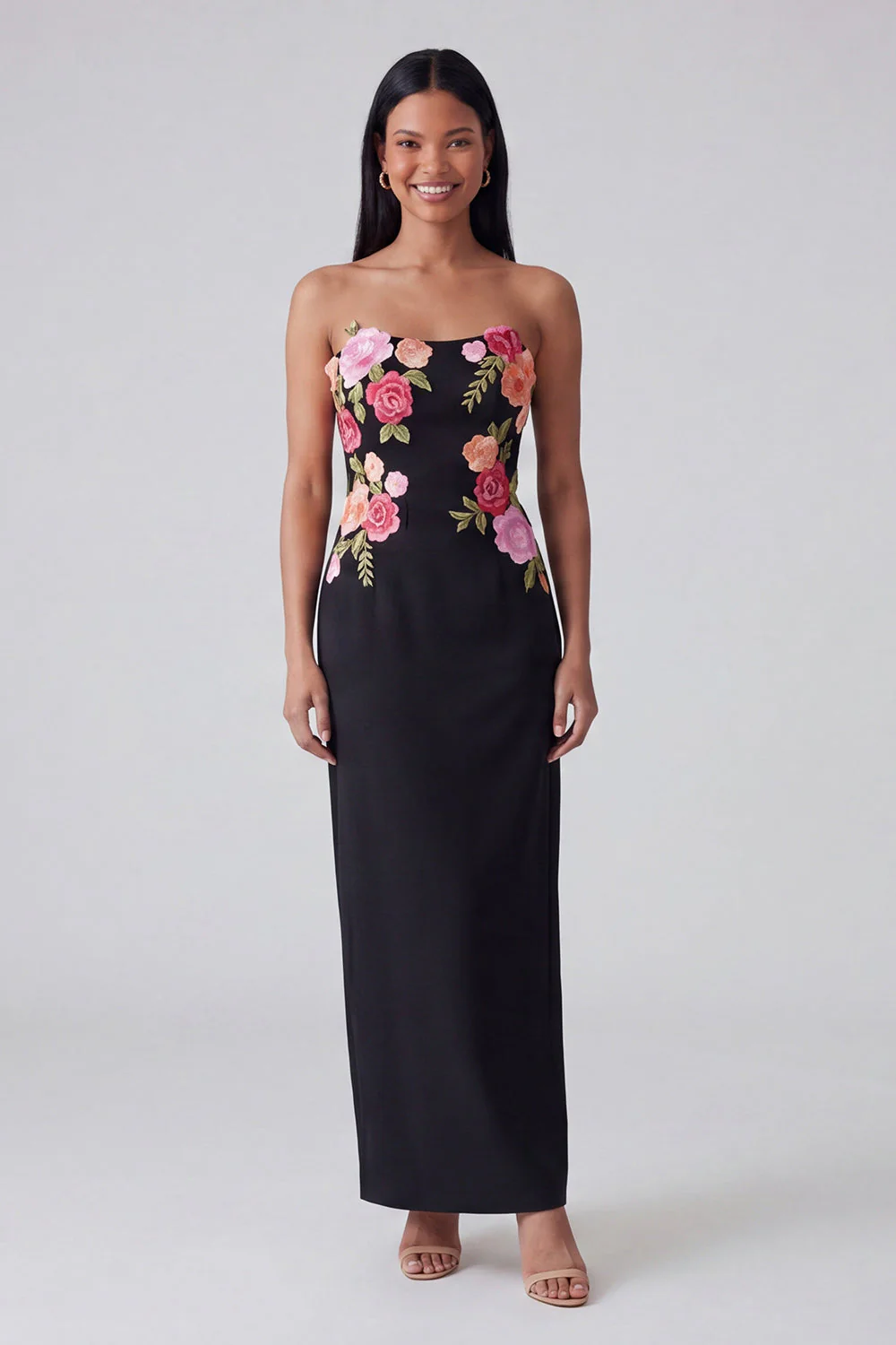 Light Yellow Strapless Sheath Long Floral Dress - Image 5