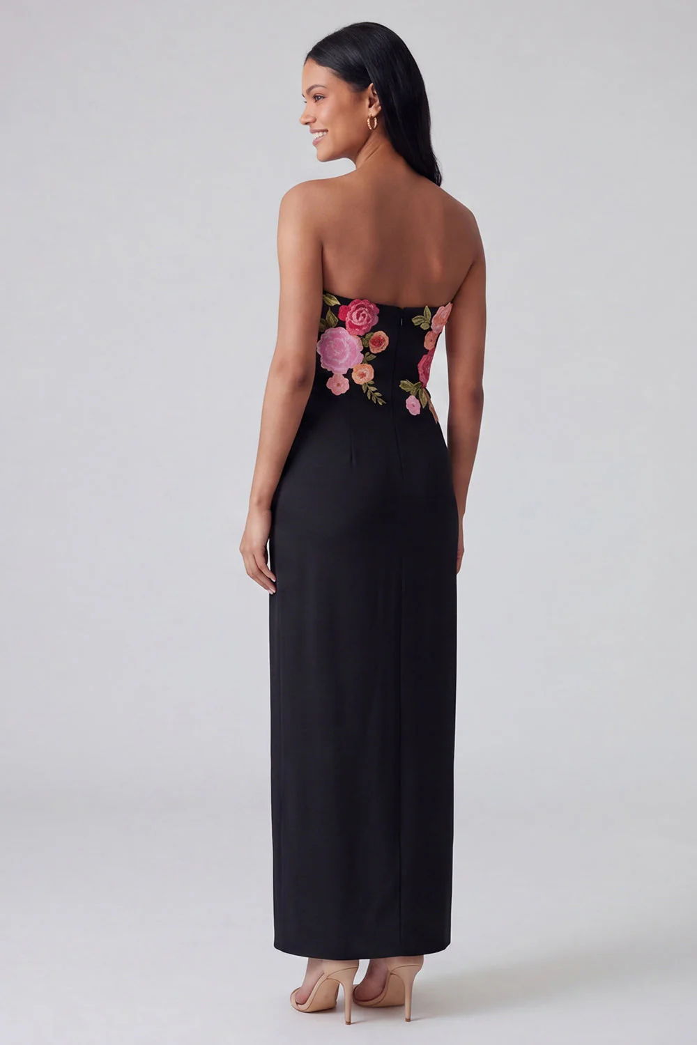 Light Yellow Strapless Sheath Long Floral Dress - Image 6