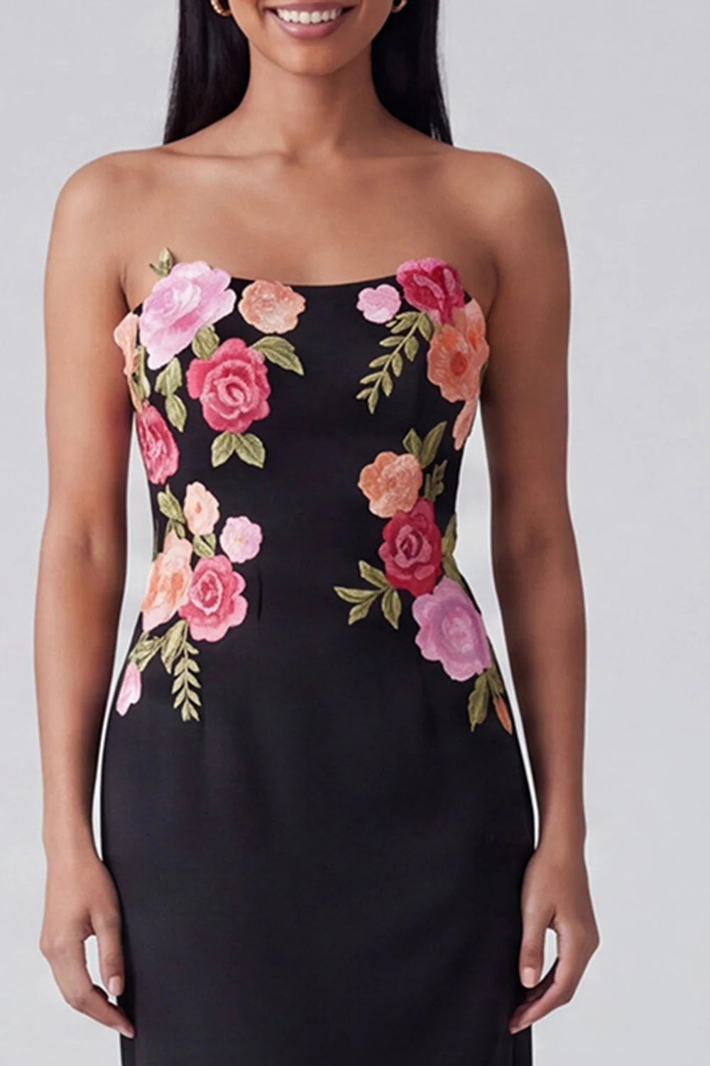 Light Yellow Strapless Sheath Long Floral Dress - Image 7