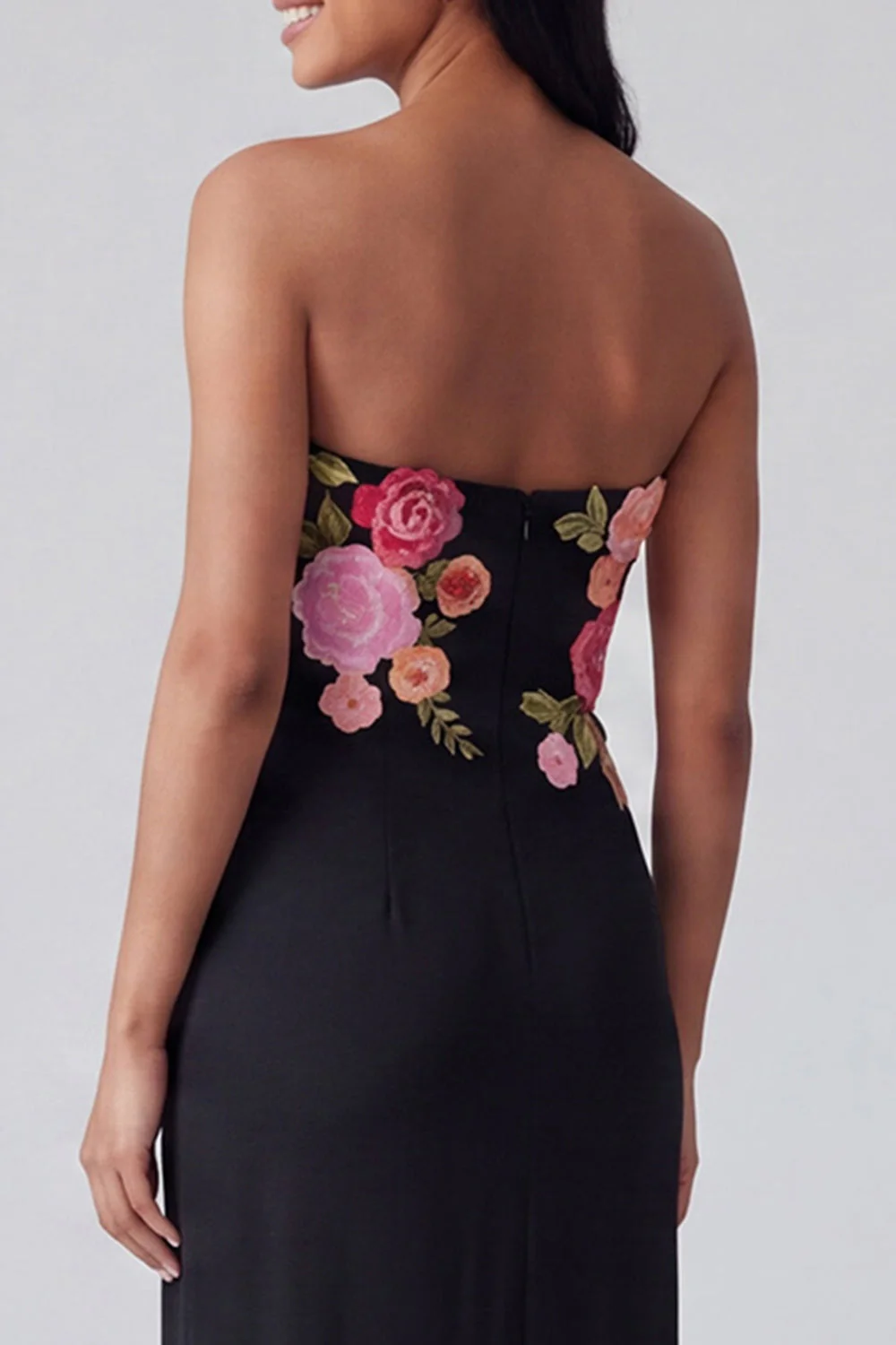 Light Yellow Strapless Sheath Long Floral Dress - Image 8