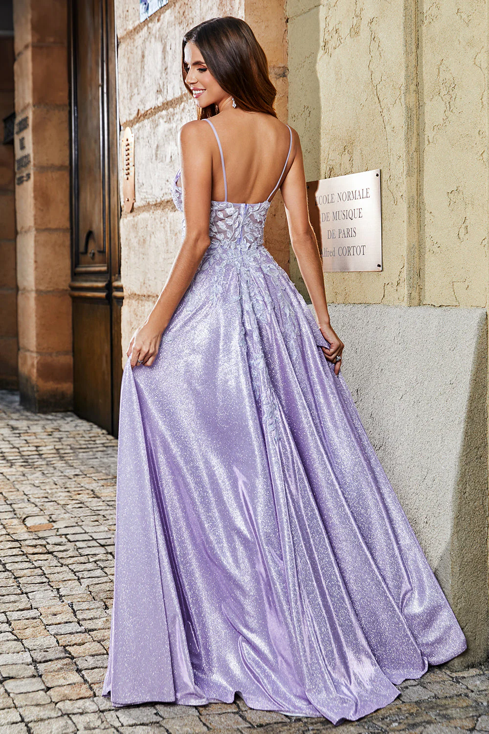 Lilac A-Line Spaghetti Straps Long Glitter Prom Dress With Beading - Image 2