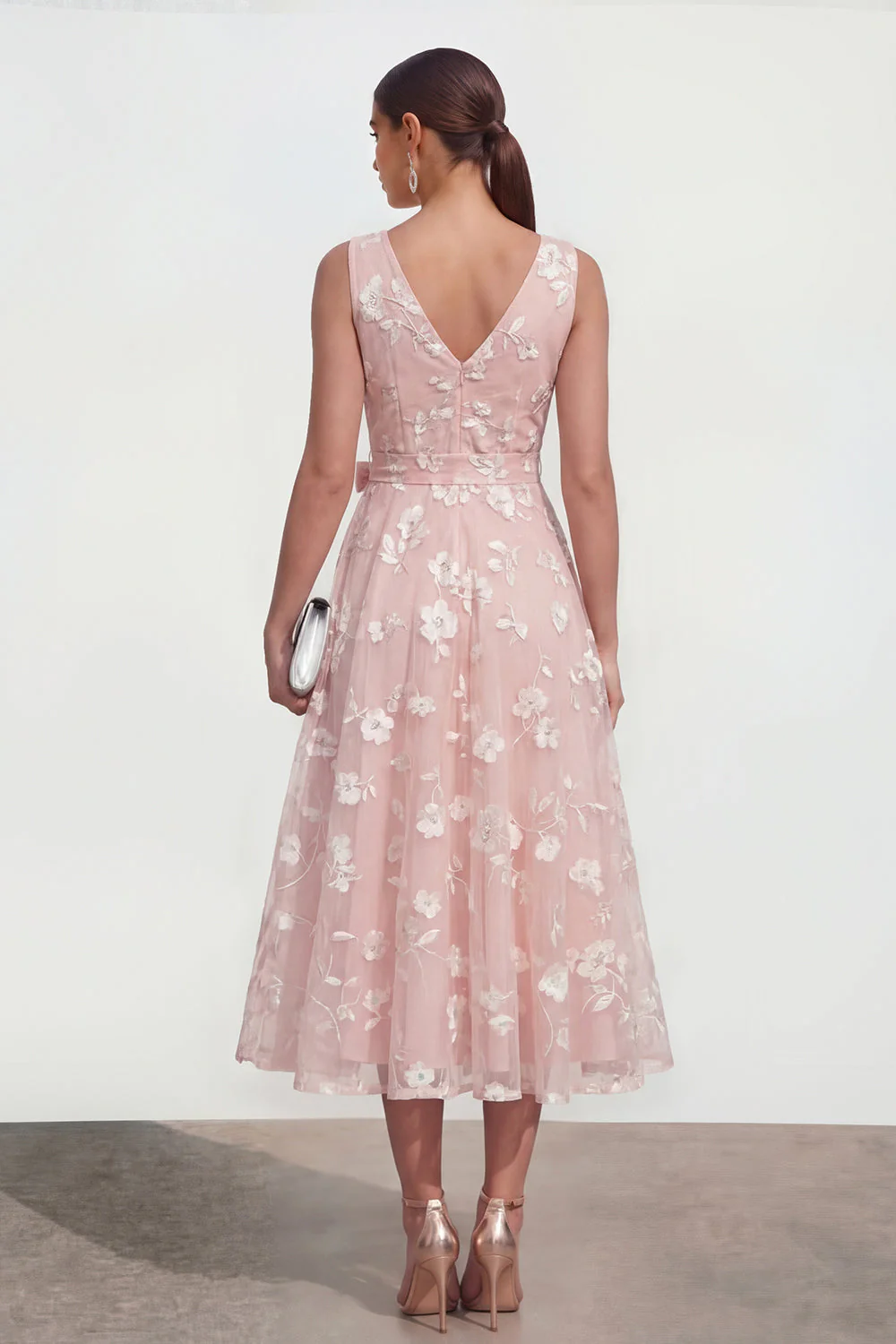 Lilac A-Line V-Neck Midi Floral Dress with Bow - Image 10